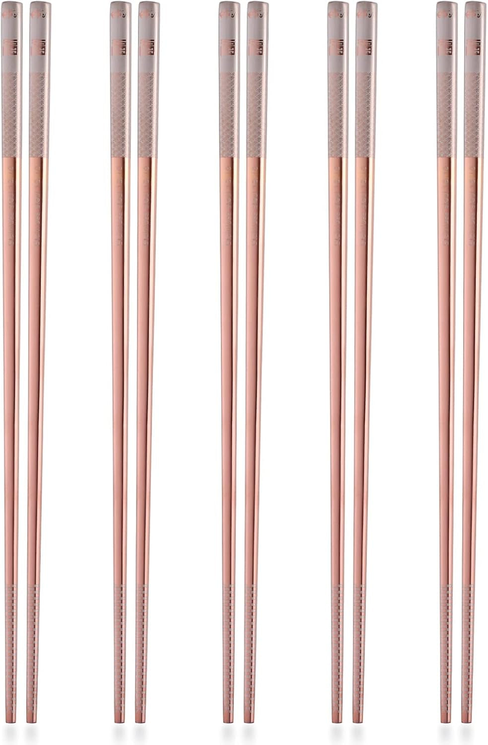 5 Pairs Reusable 18/10 Stainless Steel Metal Chopsticks Dishwasher Safe, Square Lightweight Non-Slip 9.25 Inches Chop Sticks for Ramen, Sushi, Bento Box, Gift Set, Rose Gold