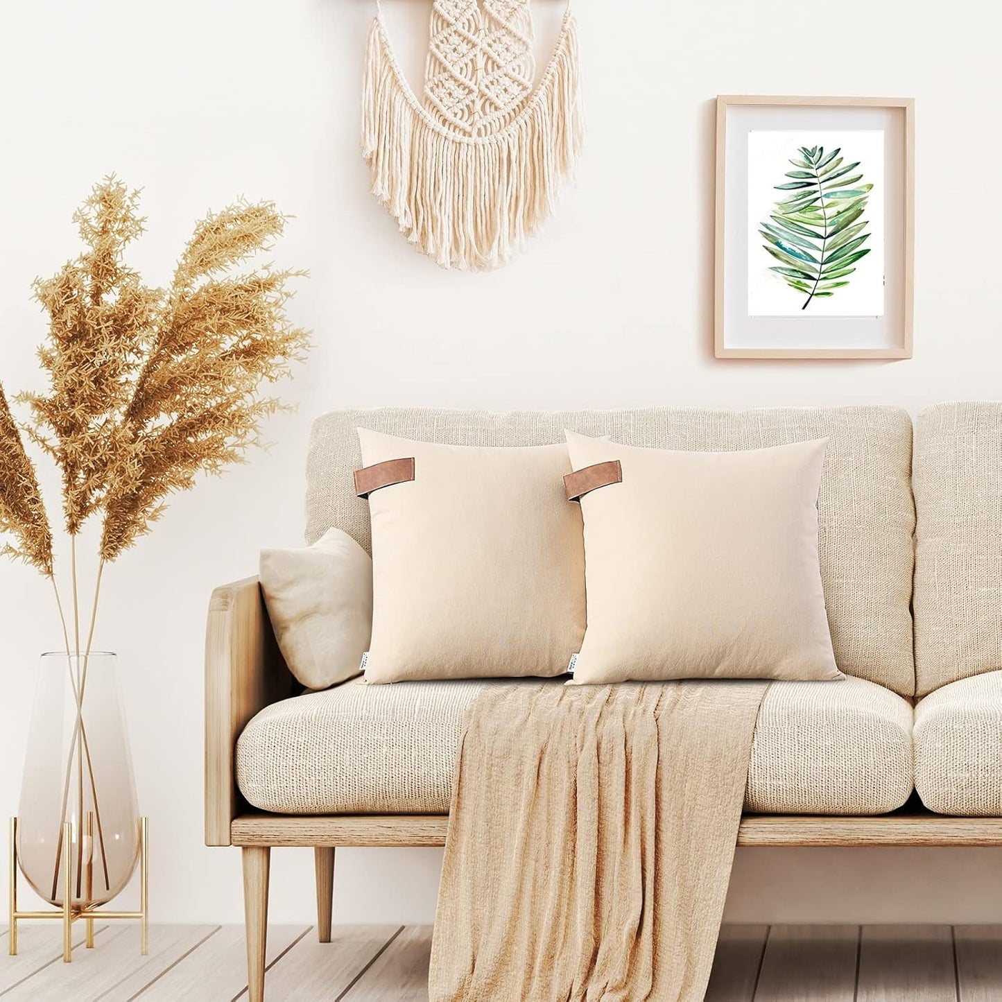 Set of 2 Throw Pillow Covers - 100% Cotton Soft Decorative Outdoor Pillows Cushion Covers for Bed Home Decoration, 18 X 18, Beige