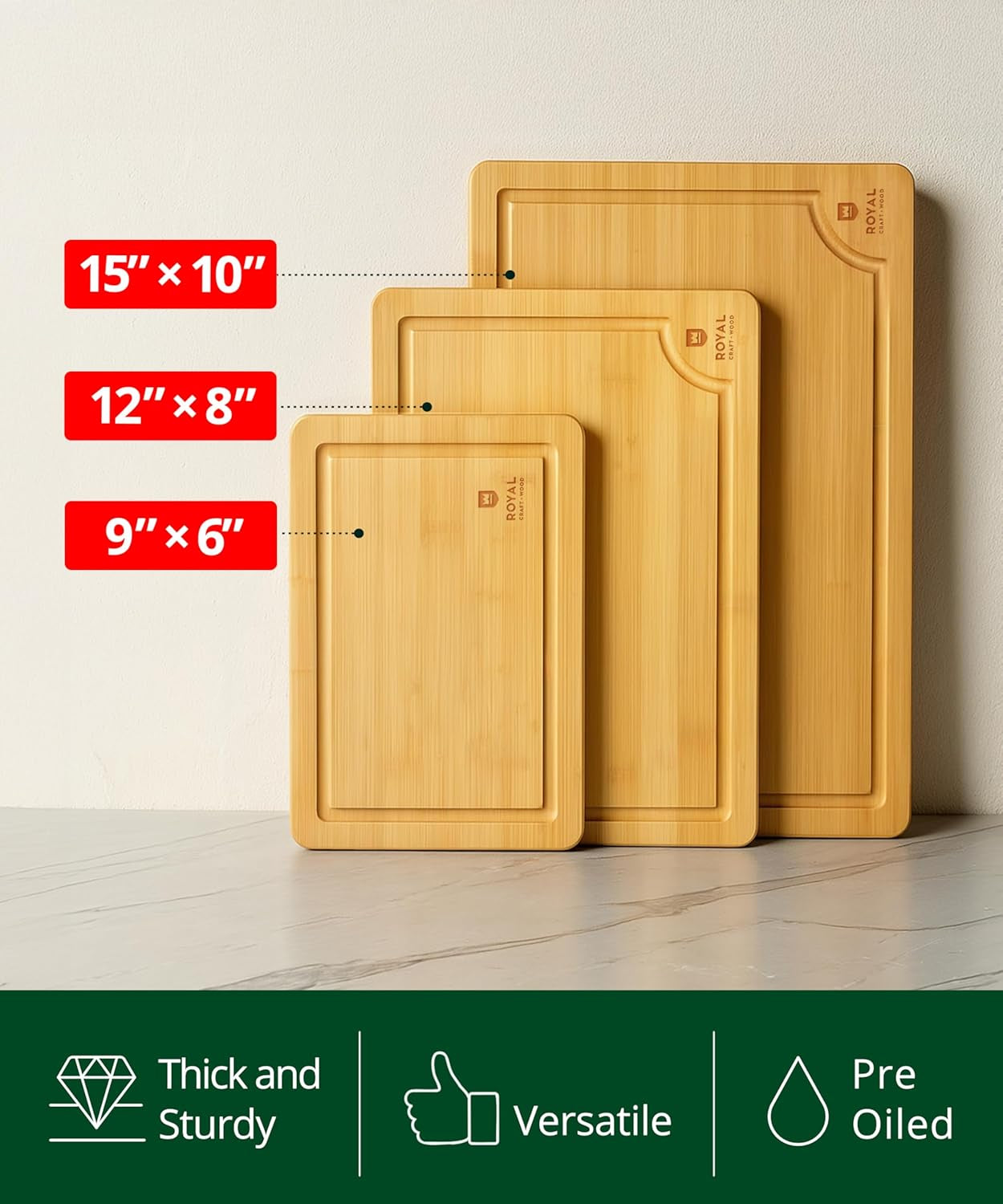 Wooden Cutting Boards for Kitchen Meal Prep & Serving - Bamboo Wood Serving Board Set with Deep Juice Groove Side Handles - Charcuterie & Chopping Butcher Block for Meat