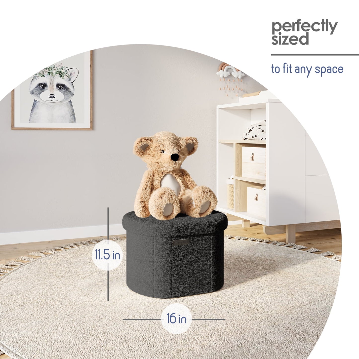 Oval Storage Ottoman Bench, Boucle 16" Ottoman with Storage , Black