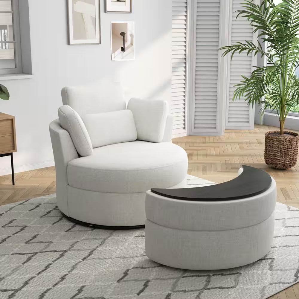 Beige Chenille Upholstered Swivel Accent Barrel Chair with Storage Ottoman and Pillows (Set of 1)