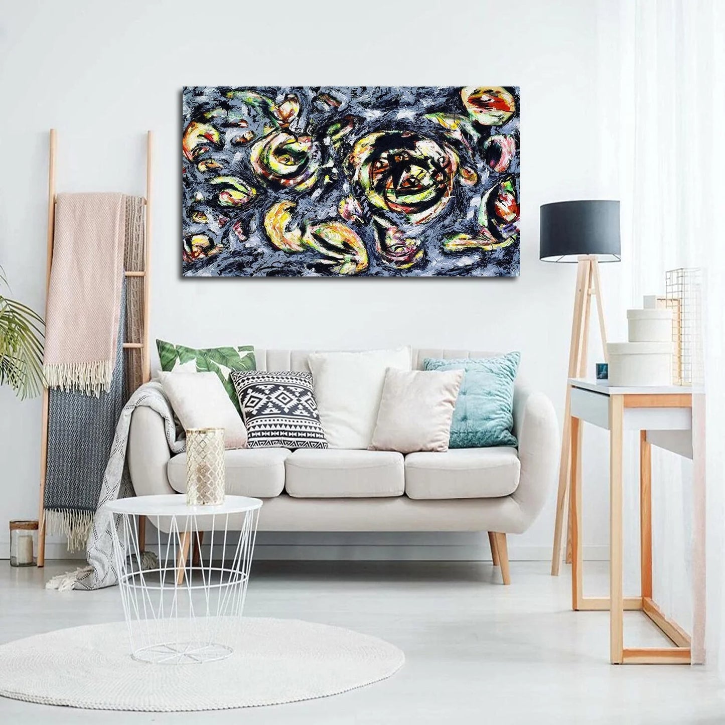 Jackson Pollock Painting Abstract Wall Art Ocean Grayness Framed Canvas Art for Bedroom Livingroom Office