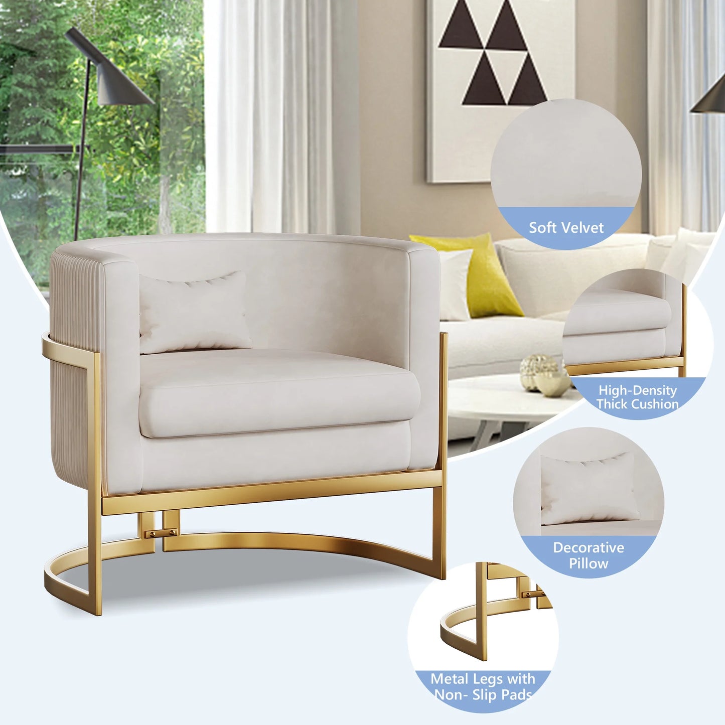 Modern Velvet Solid Print Accent Chair, Ivory