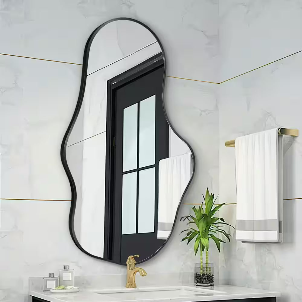 22 In. W X 36 In. H Irregular Black Aluminum Alloy Framed Asymmetrical Wall Mirror