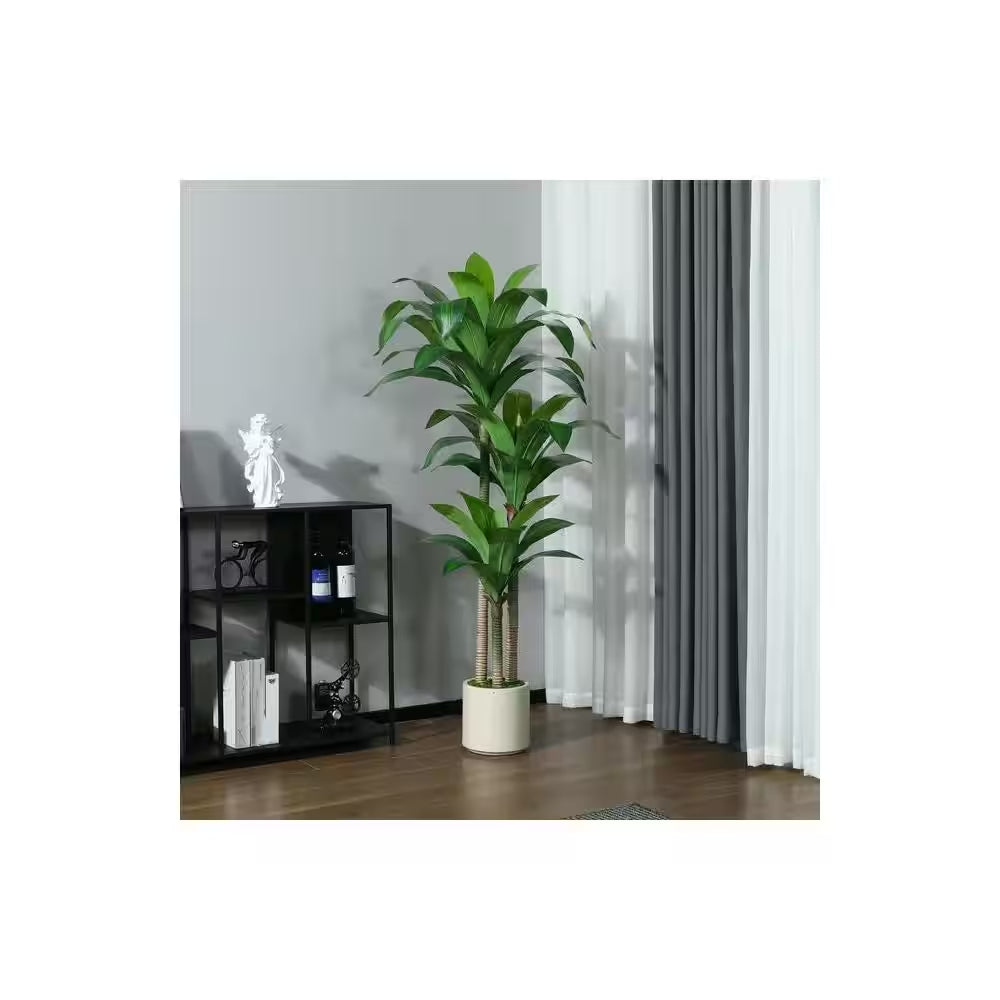 5 Ft. Artificial Dracaena Tree with Large White Planter, Faux Tropical Potted Silk Plant