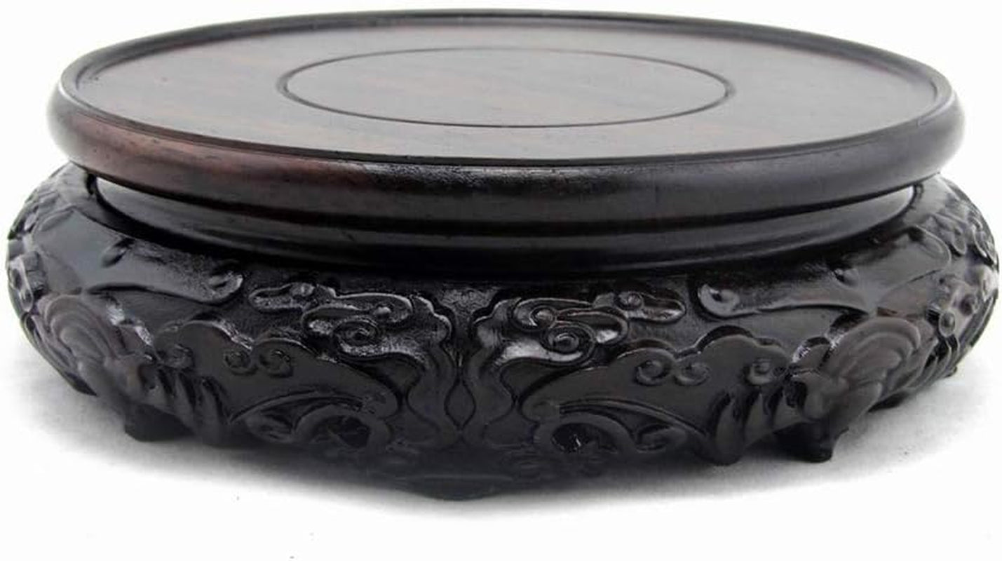 Oriental Luxury round Elm Solid Wood Vase Display Stands Pedestal Base, Bat Pattern 3.9 in Diameter