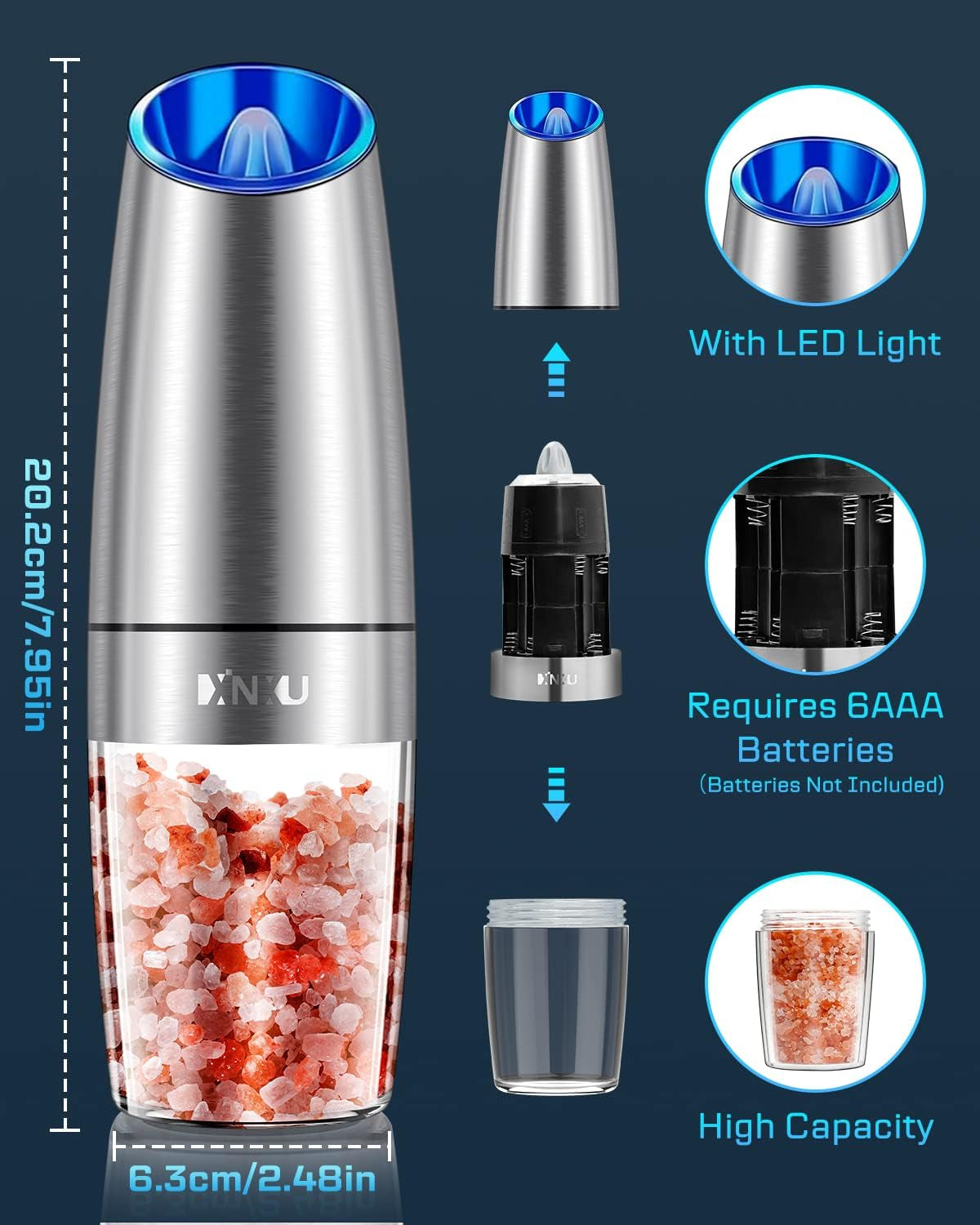 Gravity Electric Salt and Pepper Grinder Set, Automatic Mill Grinder,Battery-Operated with Adjustable Coarseness, Premium Stainless Steel with LED Light, One Hand Operated