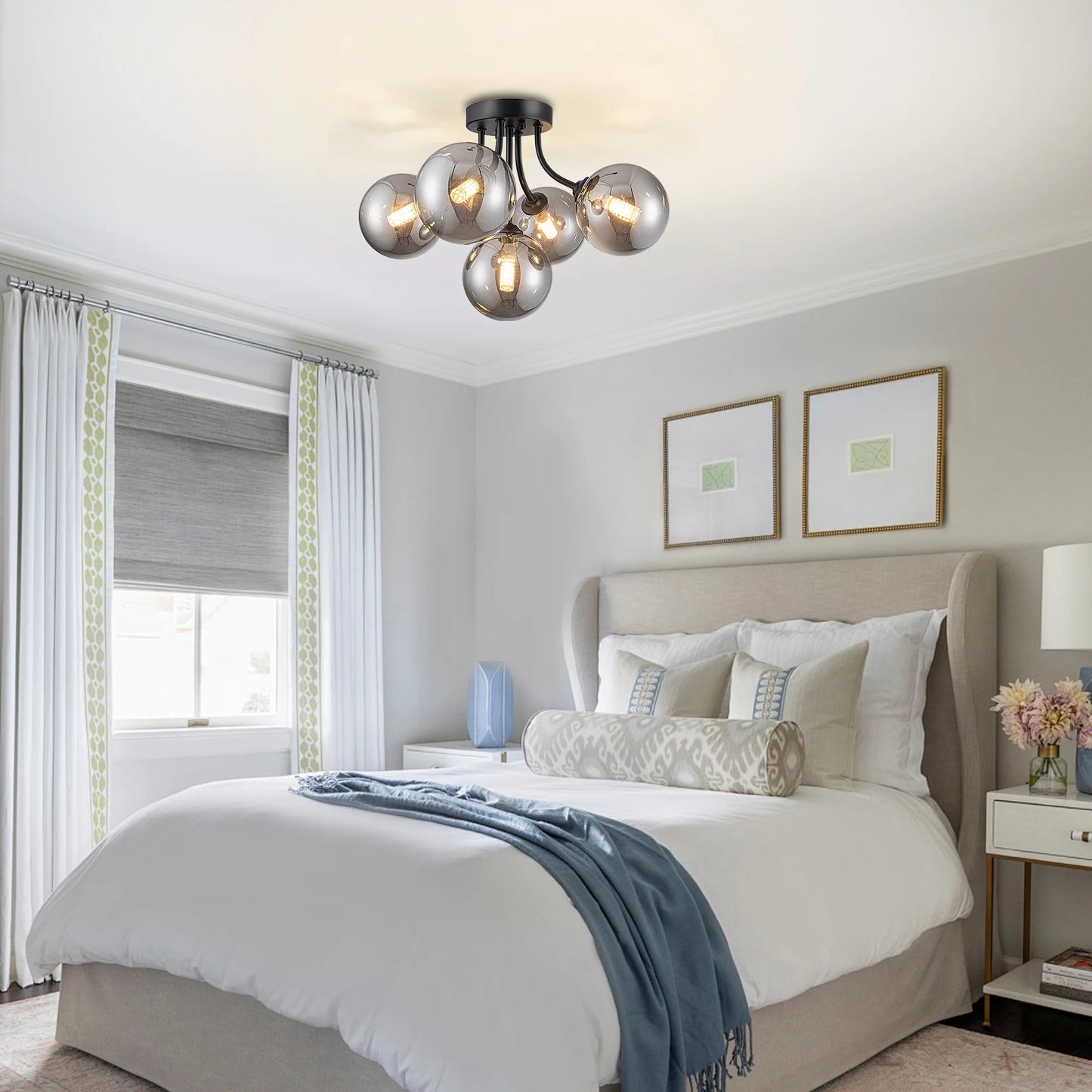 Modern Ceiling Light 5-Light Sputnik Ceiling Light Fixture with Smoke Grey Glass Globe Semi Flush Mount Ceiling Light for Hallway Kitchen Bathroom Black 15 Inch