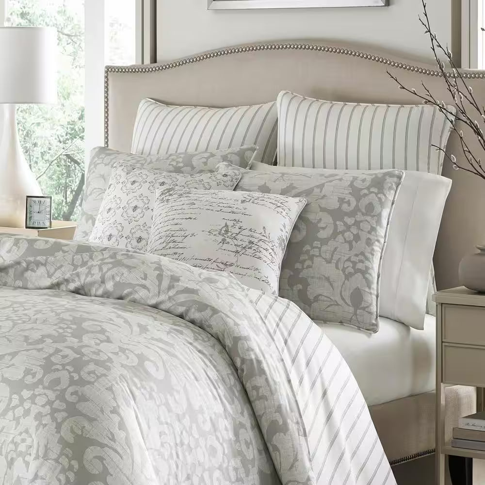 Camden 3-Piece Gray Floral Cotton Full/Queen Duvet Cover Set