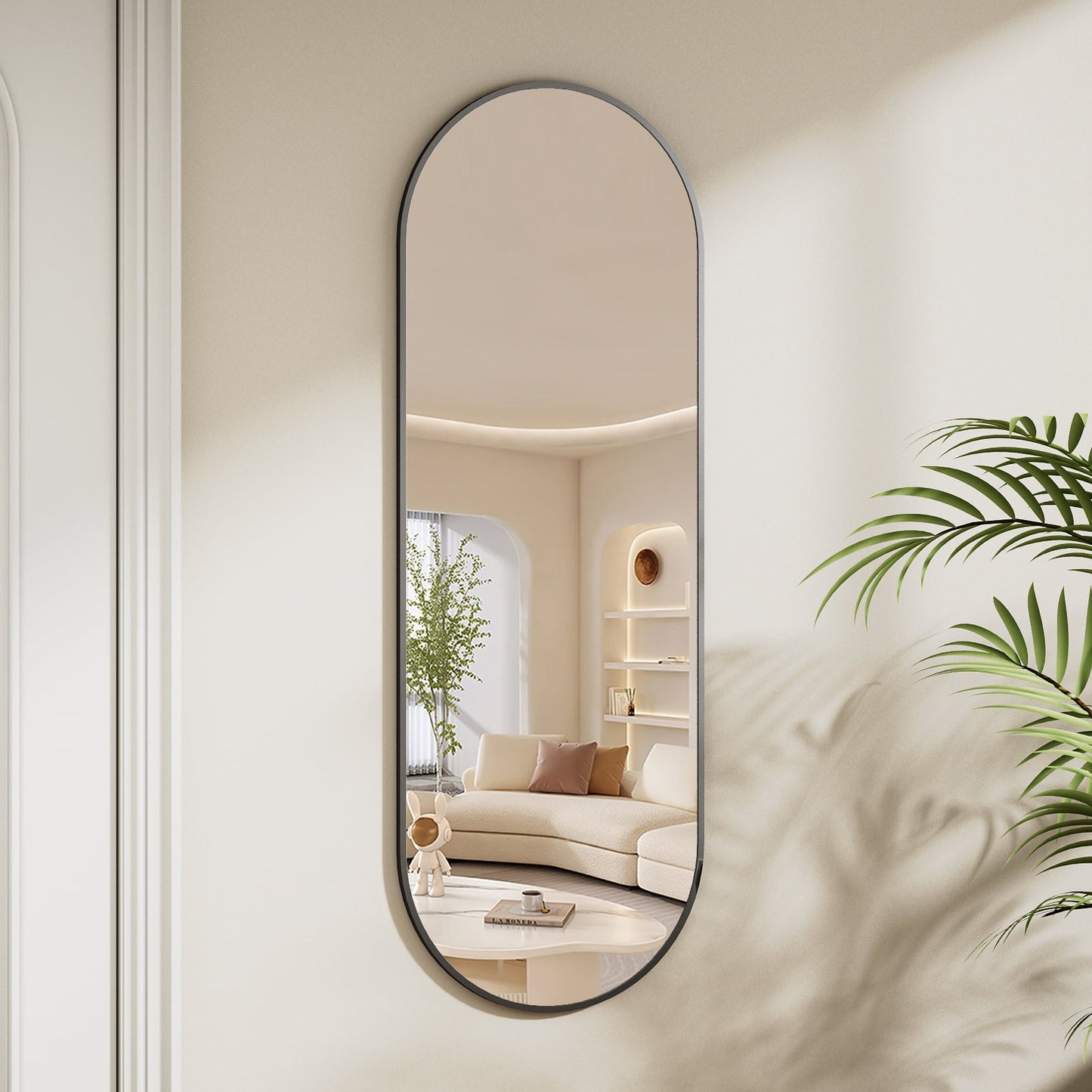 48" X 16" Full Length Mirror Oval Hanging Wall Mirror with Leather Strap,Black