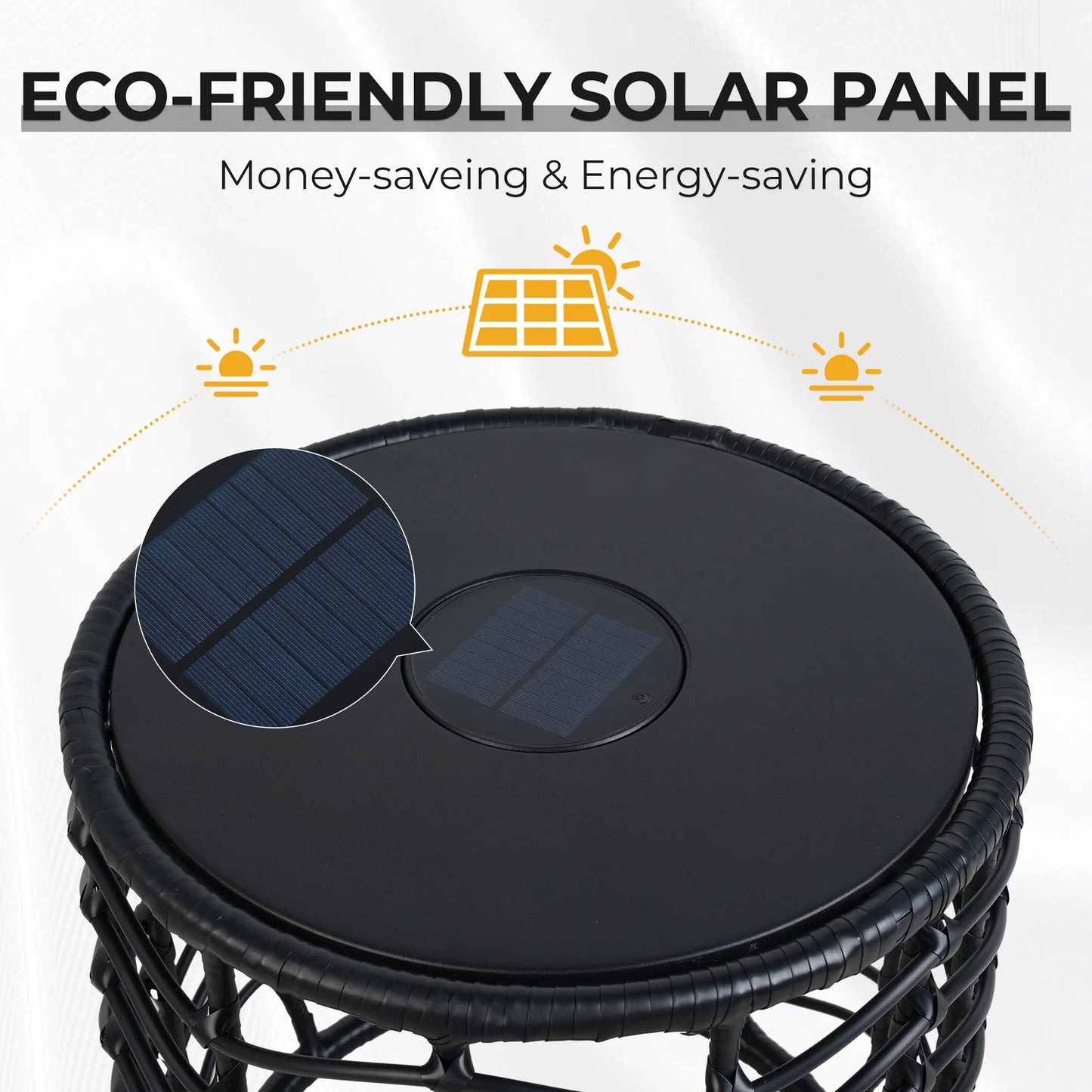 Outdoor Modern Boho Style Wave Wicker End Tables,Built-In Solar Lights, Black (Set of 2)