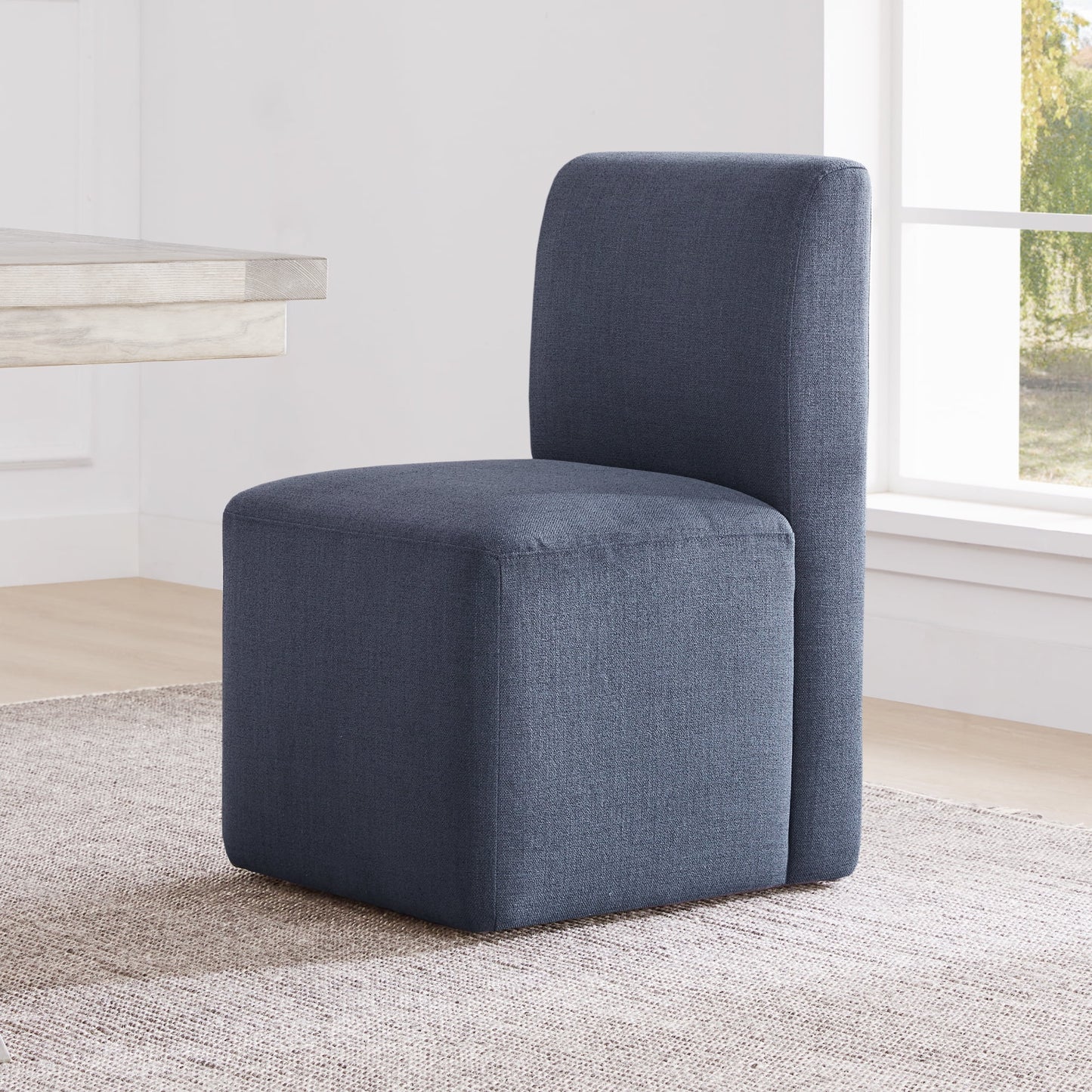 Upholstered Dining Chairs with Casters Set of 2,Modern Armless Accent Chair with Wheels for Bedroom Reading Room Living Room, Blue Fabric