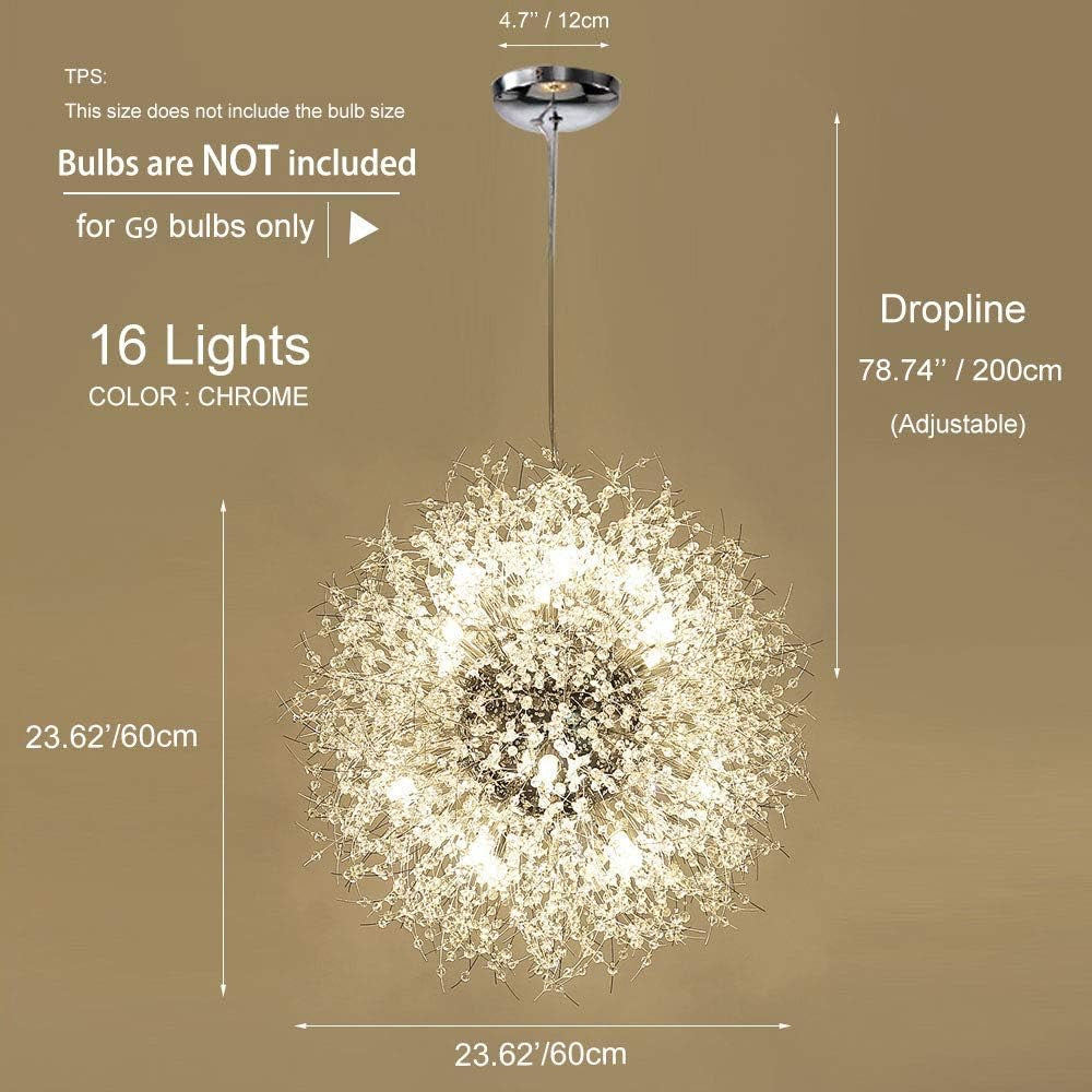 Modern Crystal Chandeliers, Chrome Firework Dandelion Sputnik Chandelier Light Fixture Pendant Lighting for Dining Room, Bedroom, Kitchen, Living Room(16-Light, Chrome)