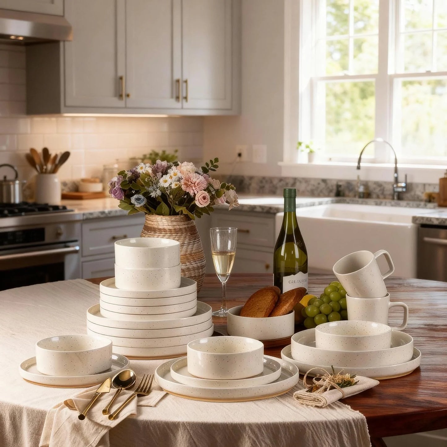 Ceramic Dinnerware Set for 6 | Speckled Stoneware Plates and Bowls with Unglazed Terracotta | Scratch Resistant, Dishwasher & Microwave Safe ,Service for 6 Dishes Set(18Pcs),Beige