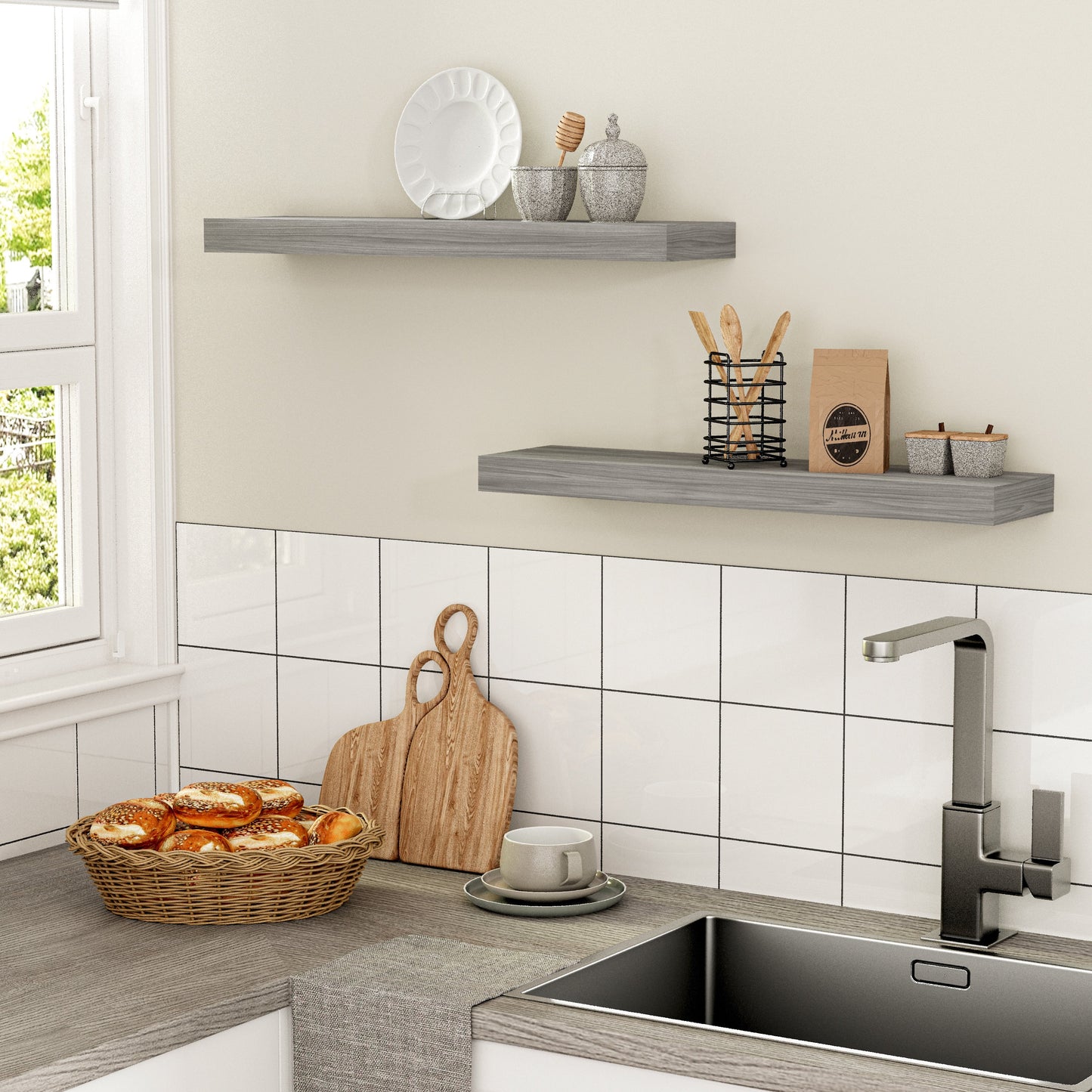 24X6 Walnut Gray Floating Shelves for Wall, Wood Hanging Shelves up to 20Lbs for Bedroom, Bathroom, Kitchen(Set of 2)
