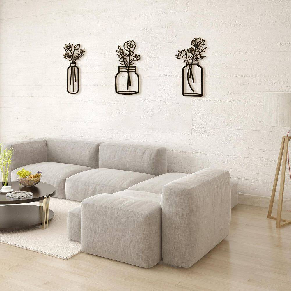 3 Pack 7.2 In. X17 In. Black Metal Work for Living Room Cafe Bookstore, Line Wall Art Decor, Wire Vase Wall Sculptures
