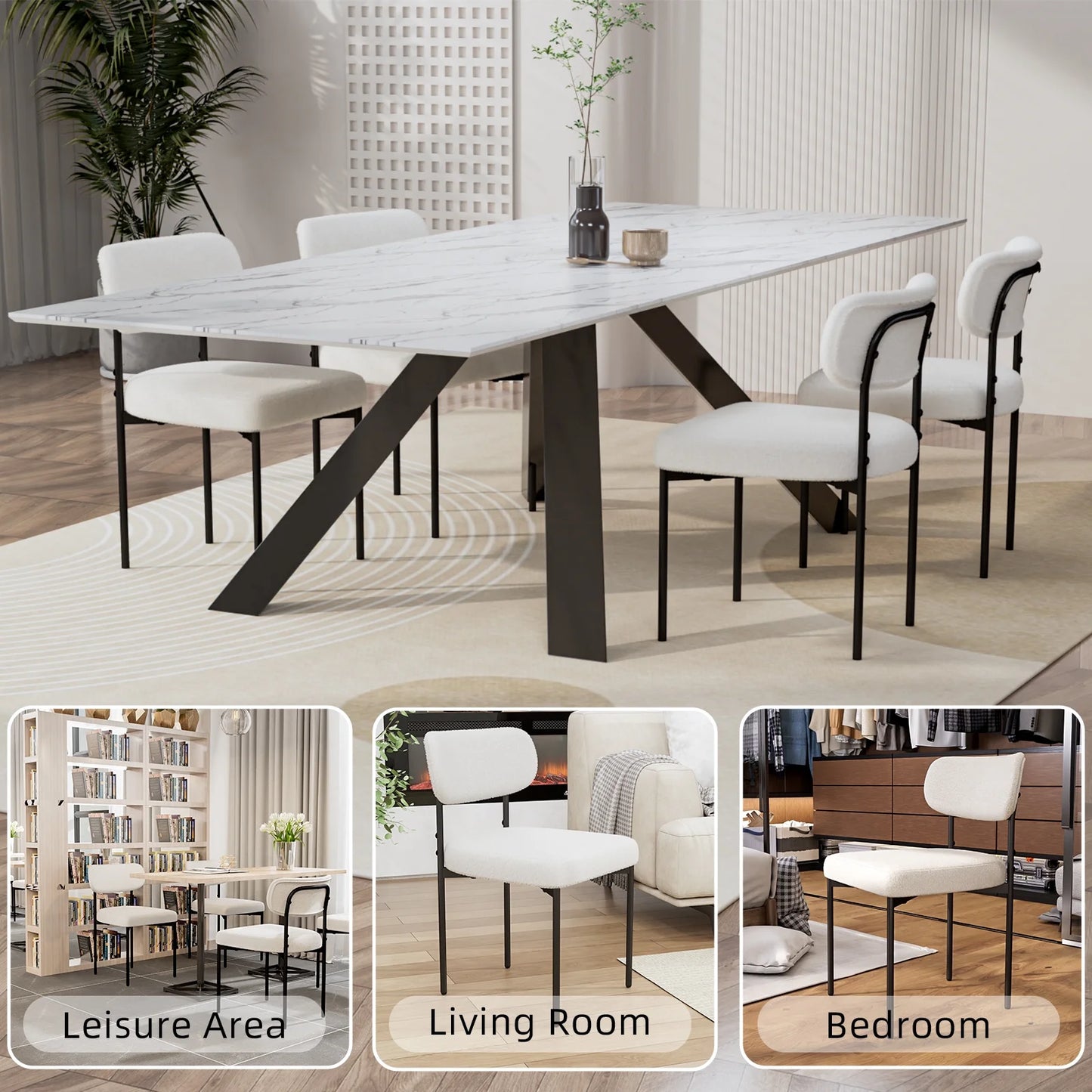 Boucle Dining Chairs Set of 4 Modern Upholstered Kitchen Dining Room Chairs with Backrest & Metal Legs Accent Side Chairs White for Dining Kitchen Living Room Bedroom