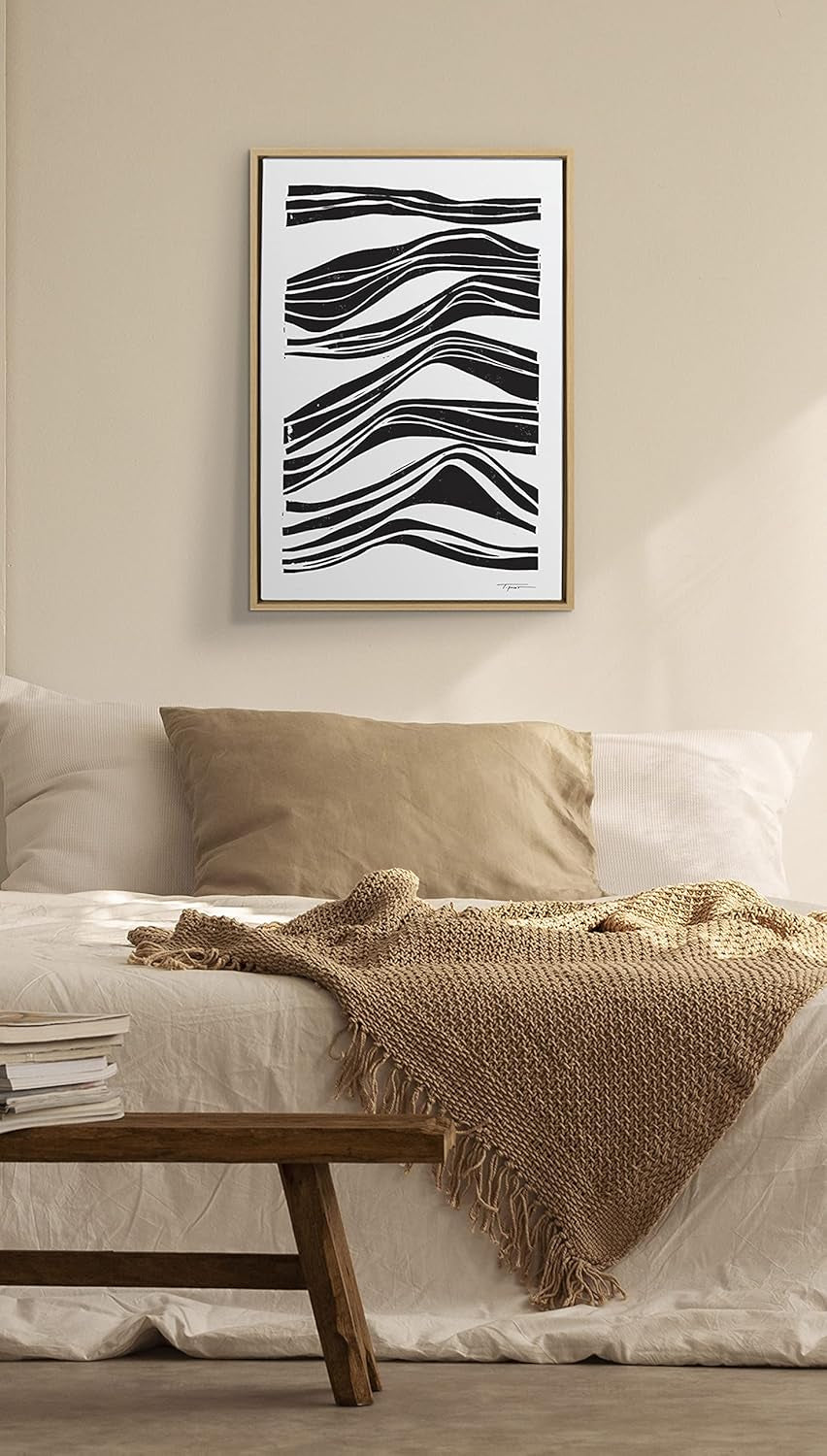 Sylvie Ocean Abstract Waves Framed Canvas Wall Art by Statement Goods, 23X33 Natural, Modern Minimalist Black Line Art Wall Décor