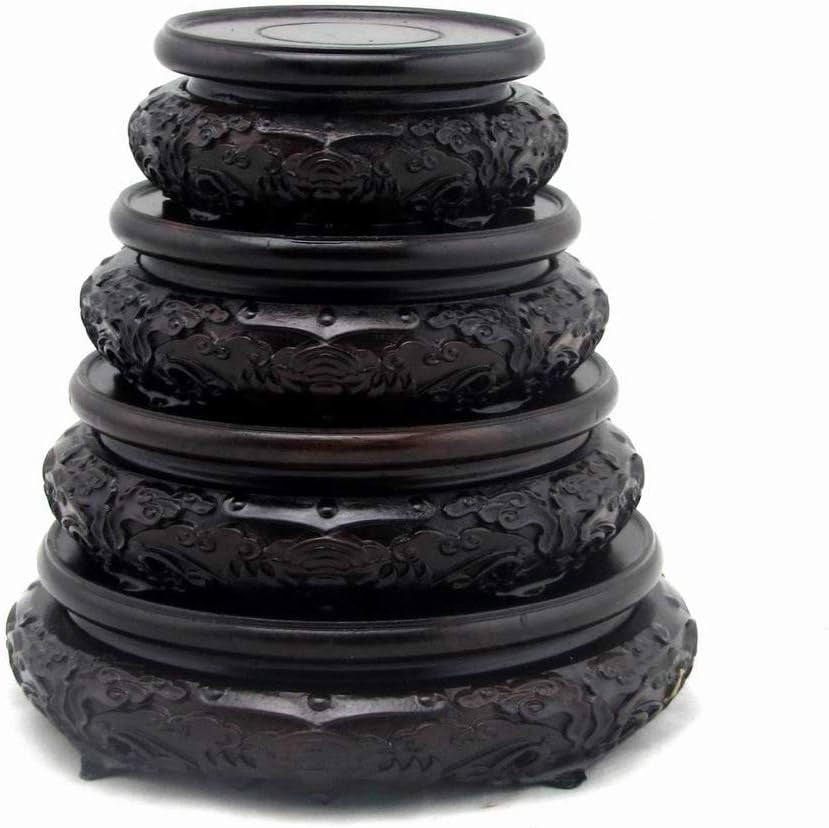 Oriental Luxury round Elm Solid Wood Vase Display Stands Pedestal Base, Bat Pattern 3.9 in Diameter