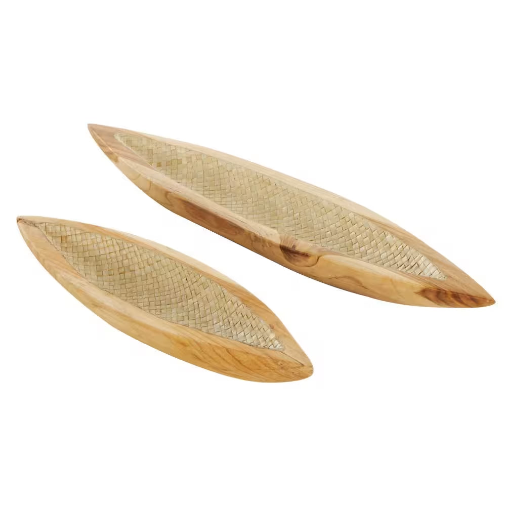 Brown Handmade Teak Wood Carved Boat Decorative Tray with Woven Palm Leaf Interior Set of 2