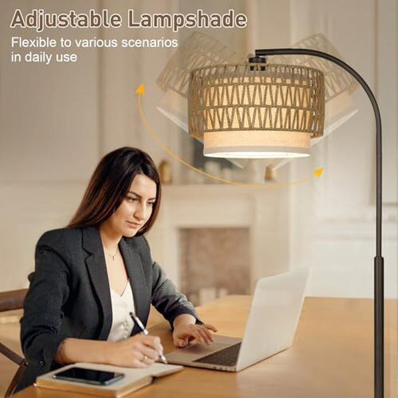 Arc Floor Lamp Black, Boho Floor Lamps for Living Room, Black with Rattan Shade