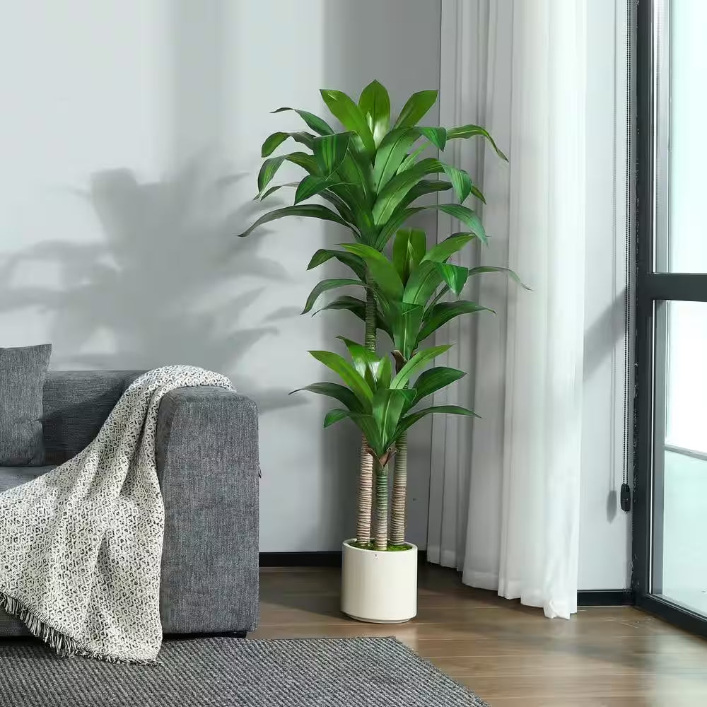 5 Ft. Artificial Dracaena Tree with Large White Planter, Faux Tropical Potted Silk Plant
