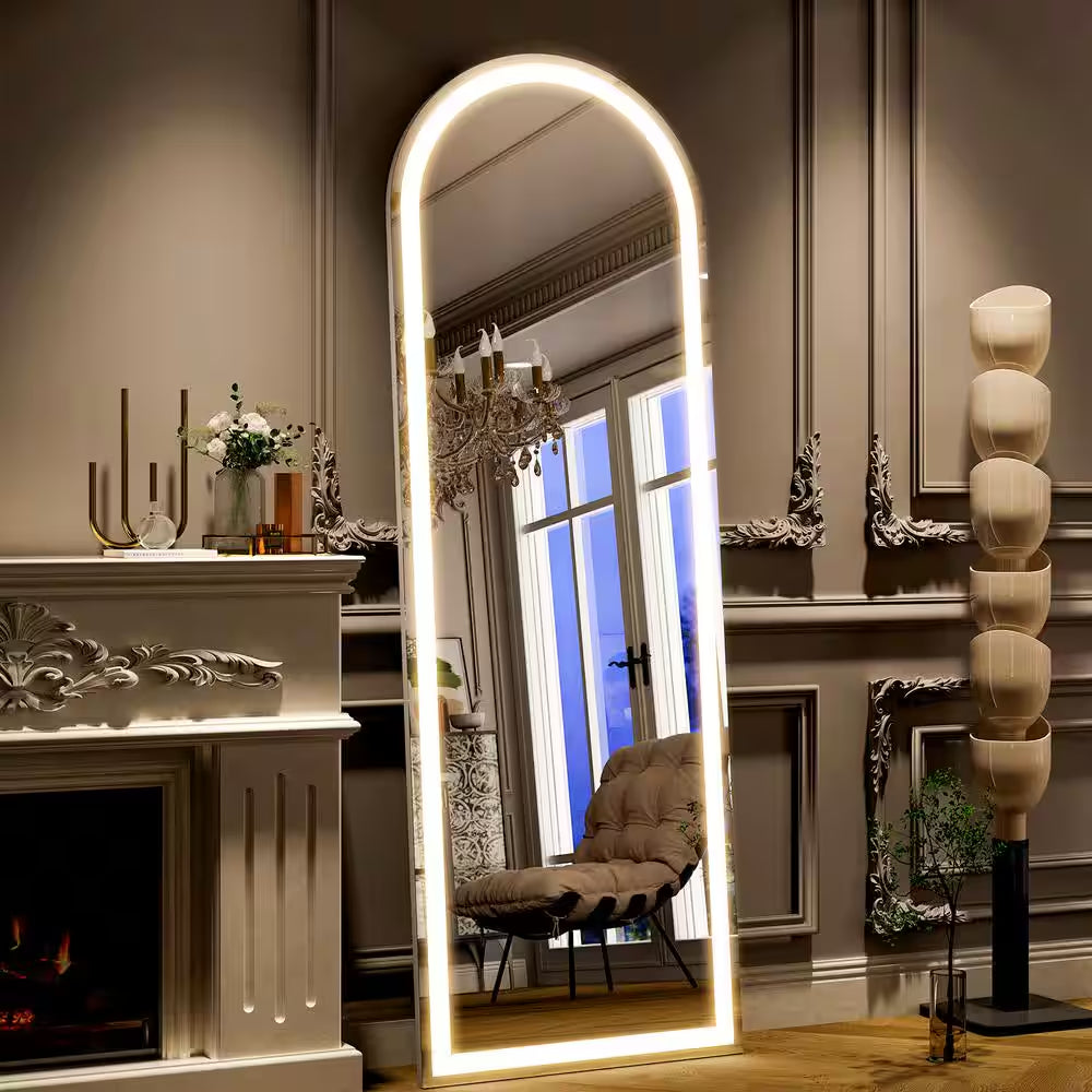 20 In. W X 63 In. H LED Light Arched White Aluminum Alloy Framed Rounded Full Length Mirror Floor Mirror