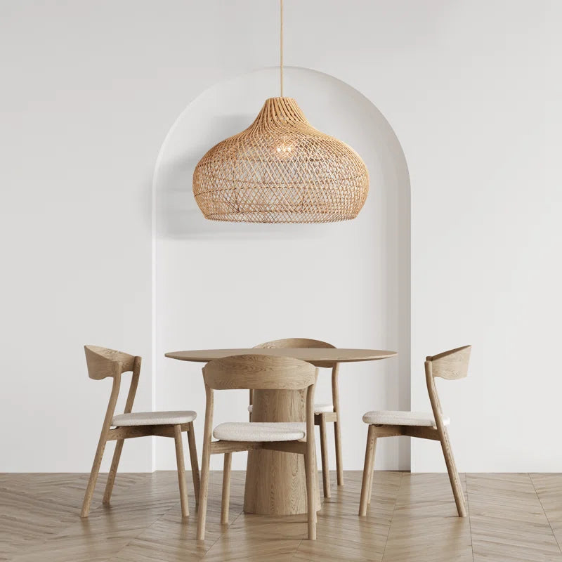 Anjanie 1 - Light Natural Lampshade Pendant – Handwoven Rattan Plug-In or Hardwired Light Fixture for Dining Room, Kitchen, or Bedroom in Japandi Boho Style