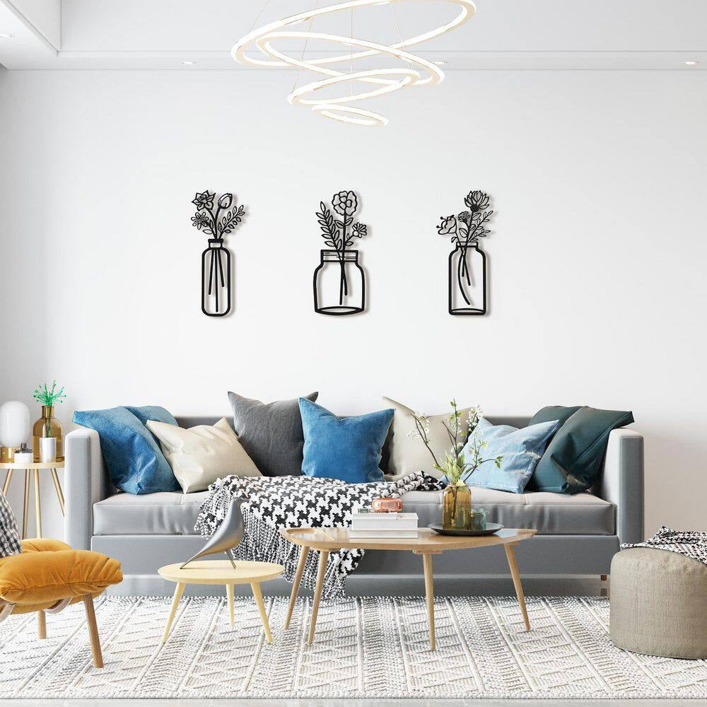 3 Pack 7.2 In. X17 In. Black Metal Work for Living Room Cafe Bookstore, Line Wall Art Decor, Wire Vase Wall Sculptures
