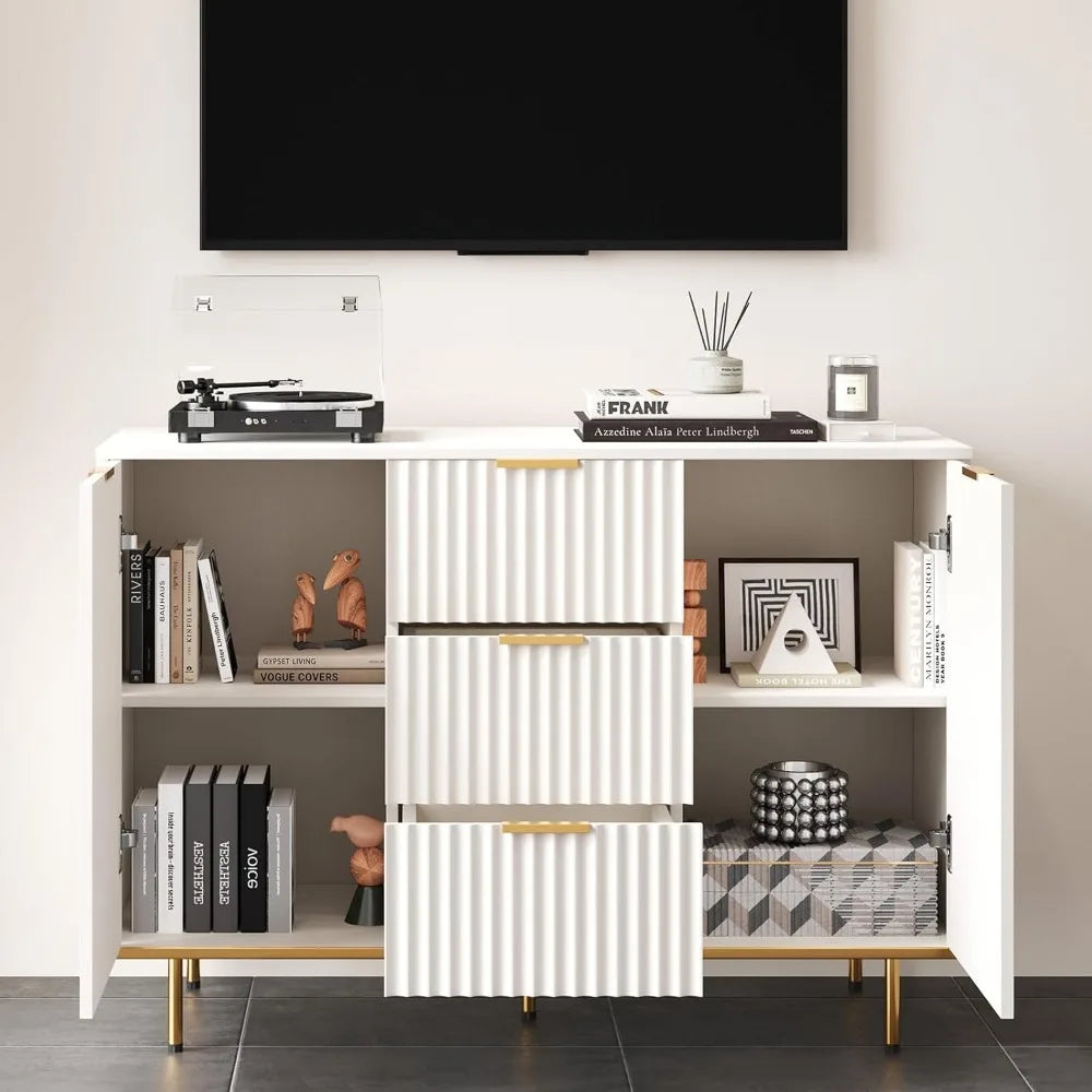 Modern Sideboard Cabinet with Fluted Doors, Gold Legs and Handle - Buffets & Sideboards for Elegant Living Spaces - 2-Door 3 Dra