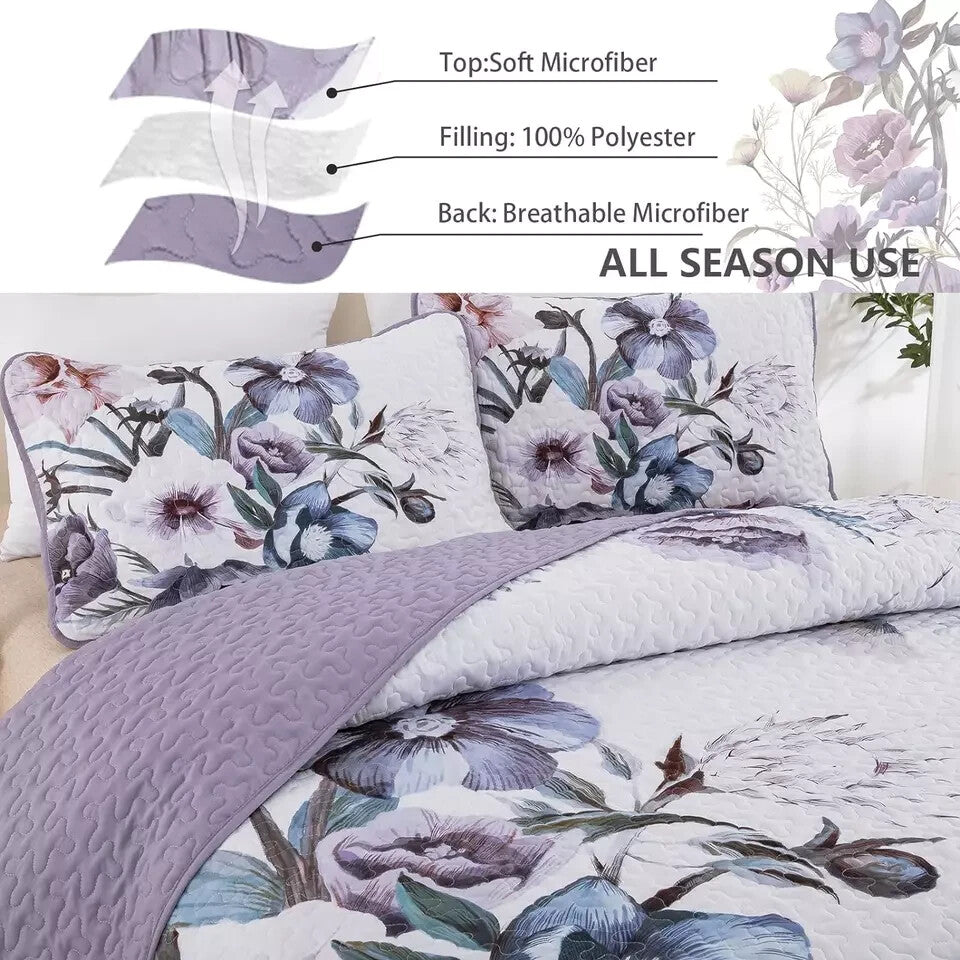 Floral Quilt Set Queen 3 Pieces Boho Purple Quilt Coverlet Set Soft Microfiber L