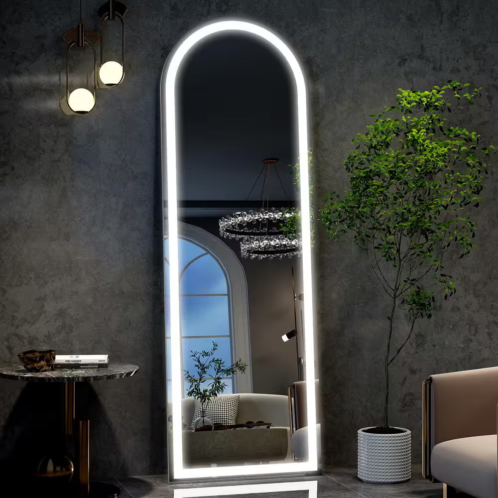 20 In. W X 63 In. H LED Light Arched White Aluminum Alloy Framed Rounded Full Length Mirror Floor Mirror