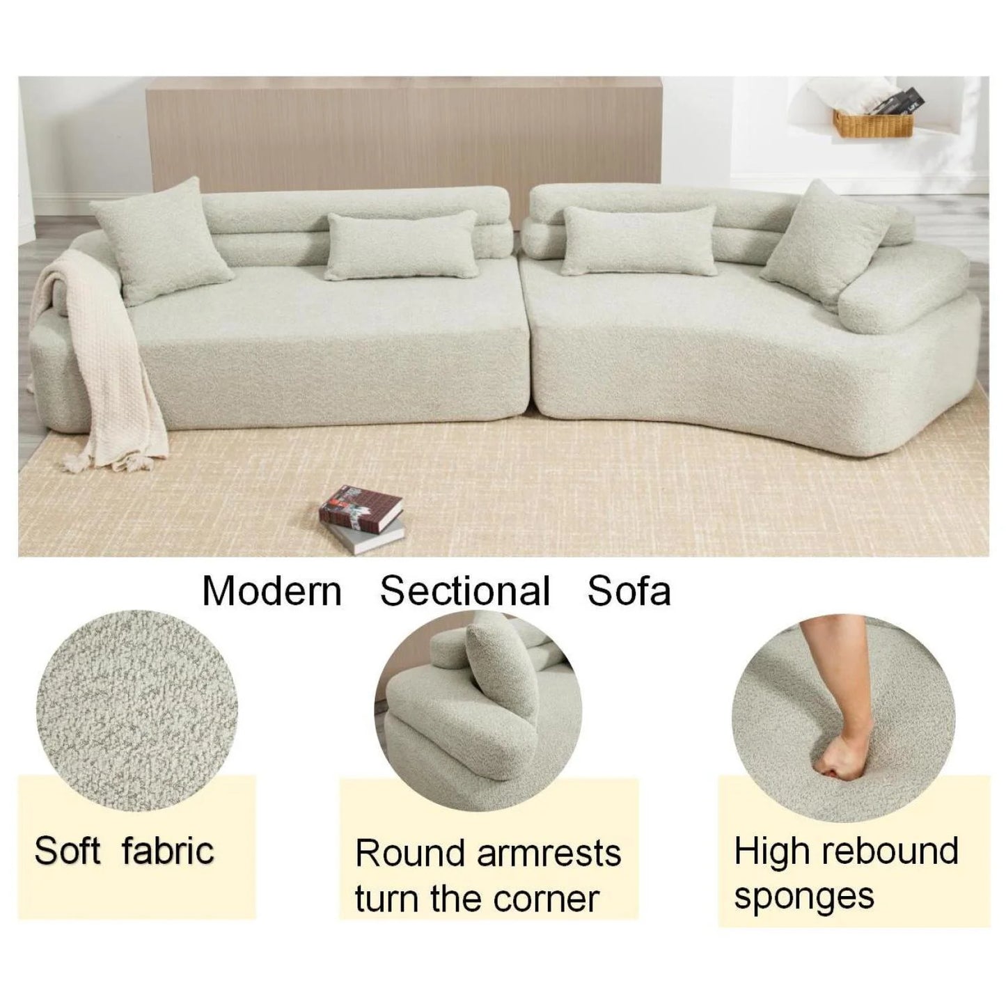 139" Modular Sectional Sofa Couch, Comfy Boucle Upholstered Deep Seat Cloud Couch with Convertible Chaise, Modern Minimalist Sleeper Sofa Set for Living Room, Office, Green