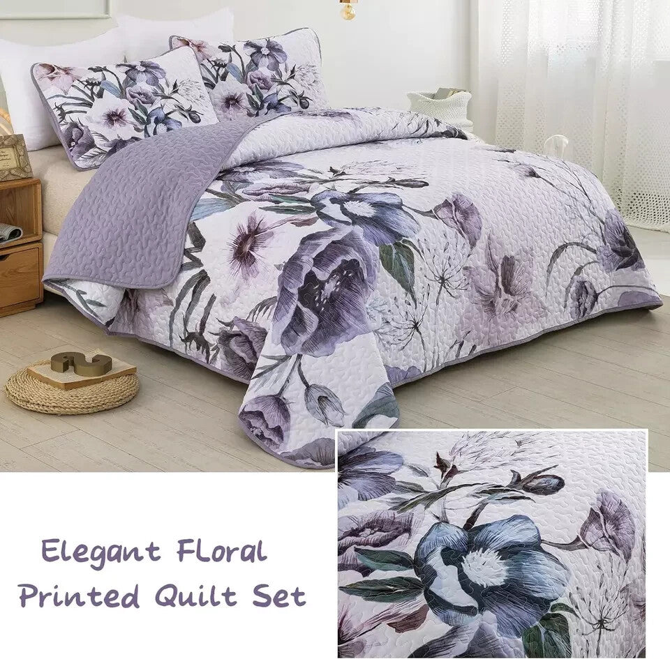 Floral Quilt Set Queen 3 Pieces Boho Purple Quilt Coverlet Set Soft Microfiber L
