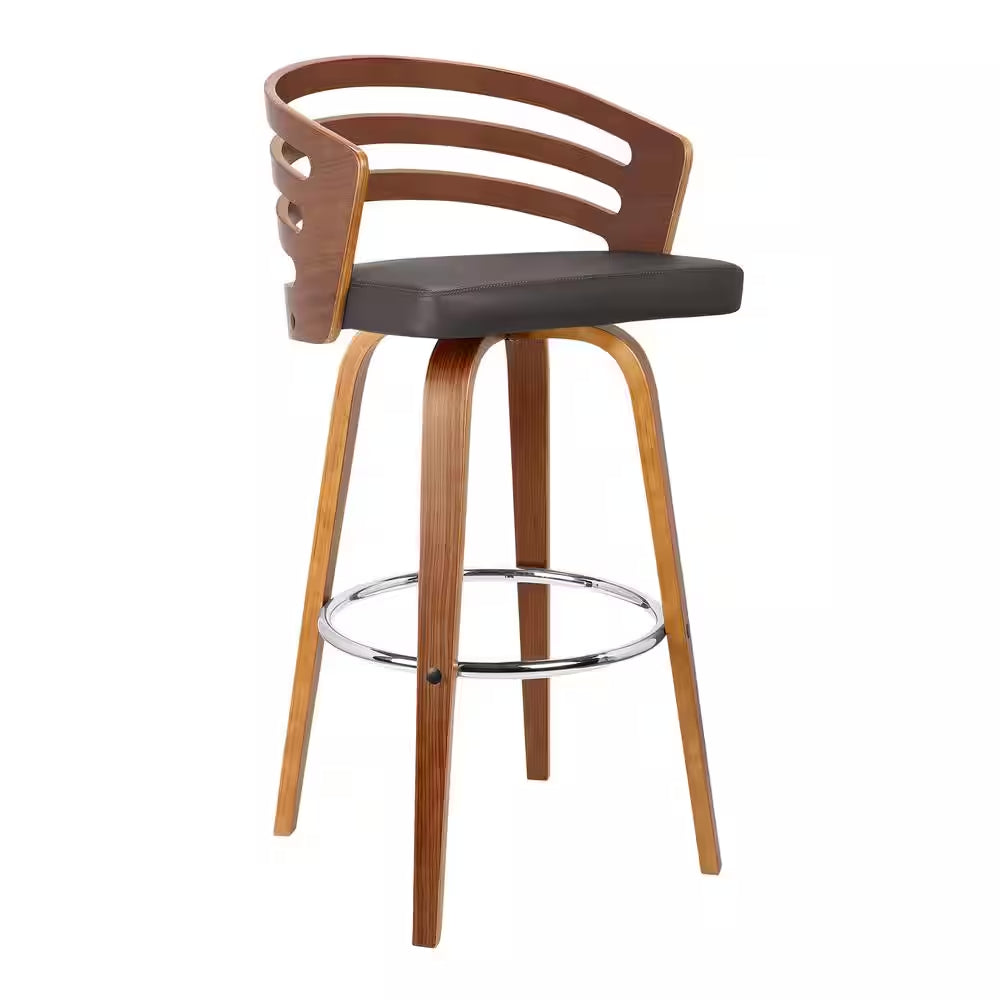 Jayden 26 In. Brown Faux Leather with Walnut Veneer Mid-Century Swivel Counter Height Bar Stool