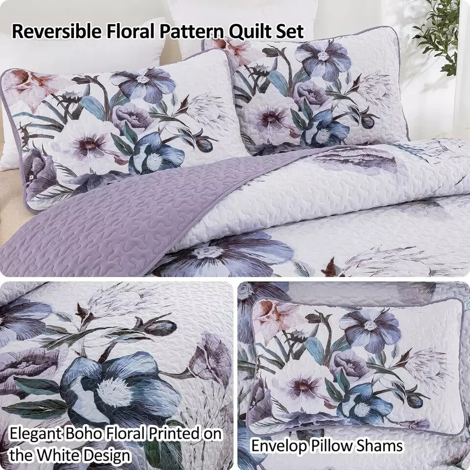 Floral Quilt Set Queen 3 Pieces Boho Purple Quilt Coverlet Set Soft Microfiber L