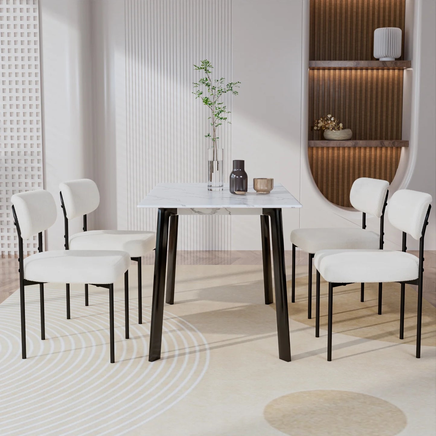 Boucle Dining Chairs Set of 4 Modern Upholstered Kitchen Dining Room Chairs with Backrest & Metal Legs Accent Side Chairs White for Dining Kitchen Living Room Bedroom