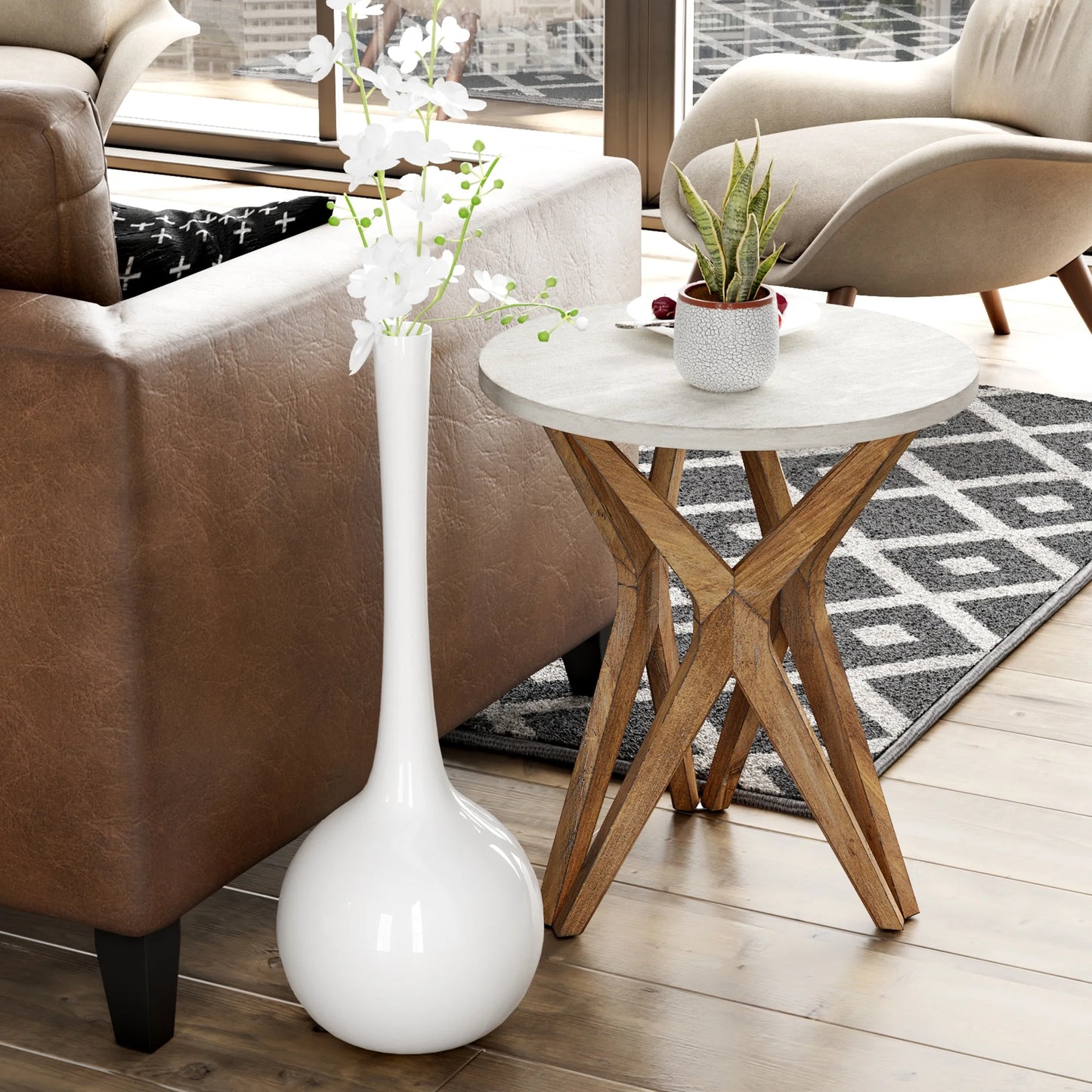 Pedestal Farmhouse End Table, Distressed White Top with Tripod Base for Modern Farmhouse, Boho Decor, Round