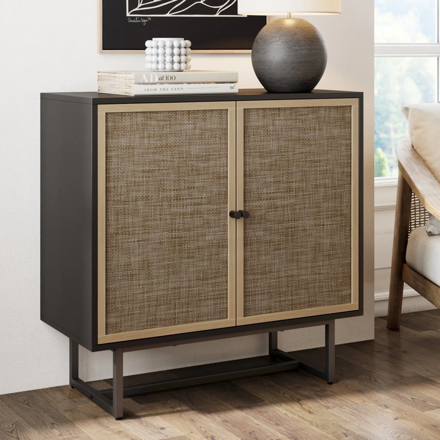 Kova Cane Rattan Doors Accent Cabinet with Black Metal Base and Adjustable Shelf