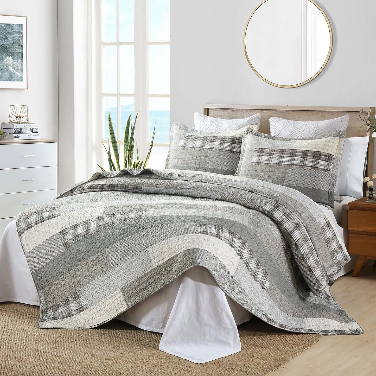 Quilt King Size - 100% Cotton Grey King Quilt Farmhouse Plaid Quilted Bedspread, 3 Pieces Lightweight Reversible King Size Quilt Bedding Set for All Season
