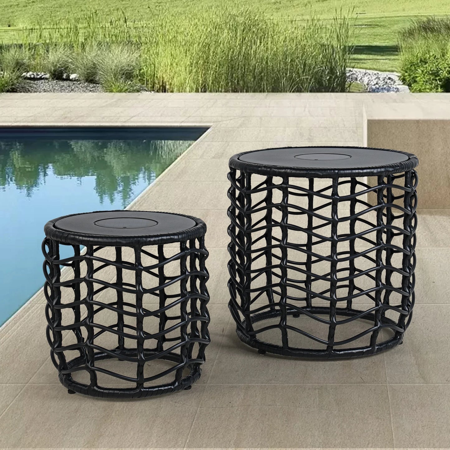 Outdoor Modern Boho Style Wave Wicker End Tables,Built-In Solar Lights, Black (Set of 2)