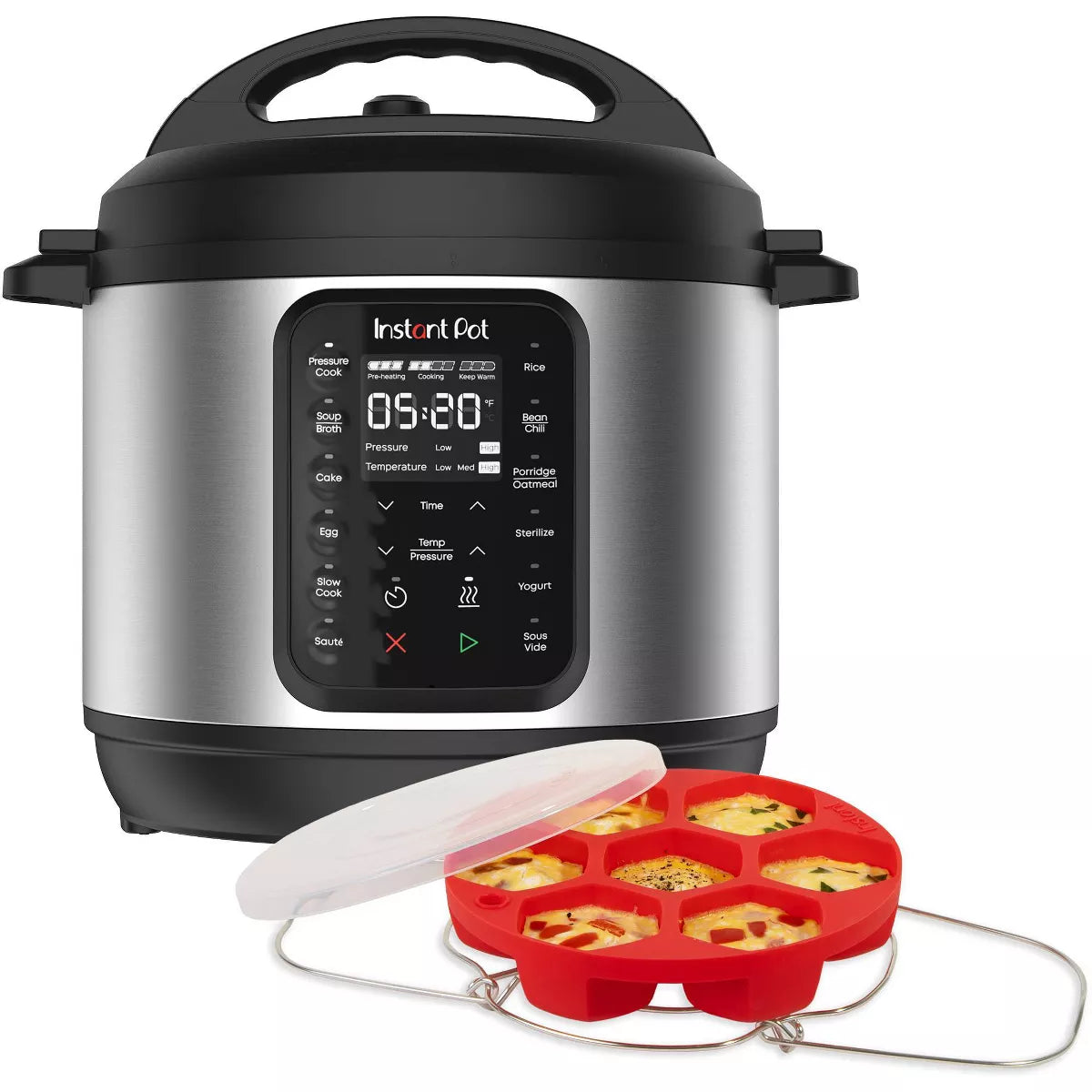 Instant Pot 6Qt 9-In-1 Pressure Cooker Bundle: Exclusive Bonus Silicone Pan with Lid, Rice & Multi Cooker, Stainless Steel