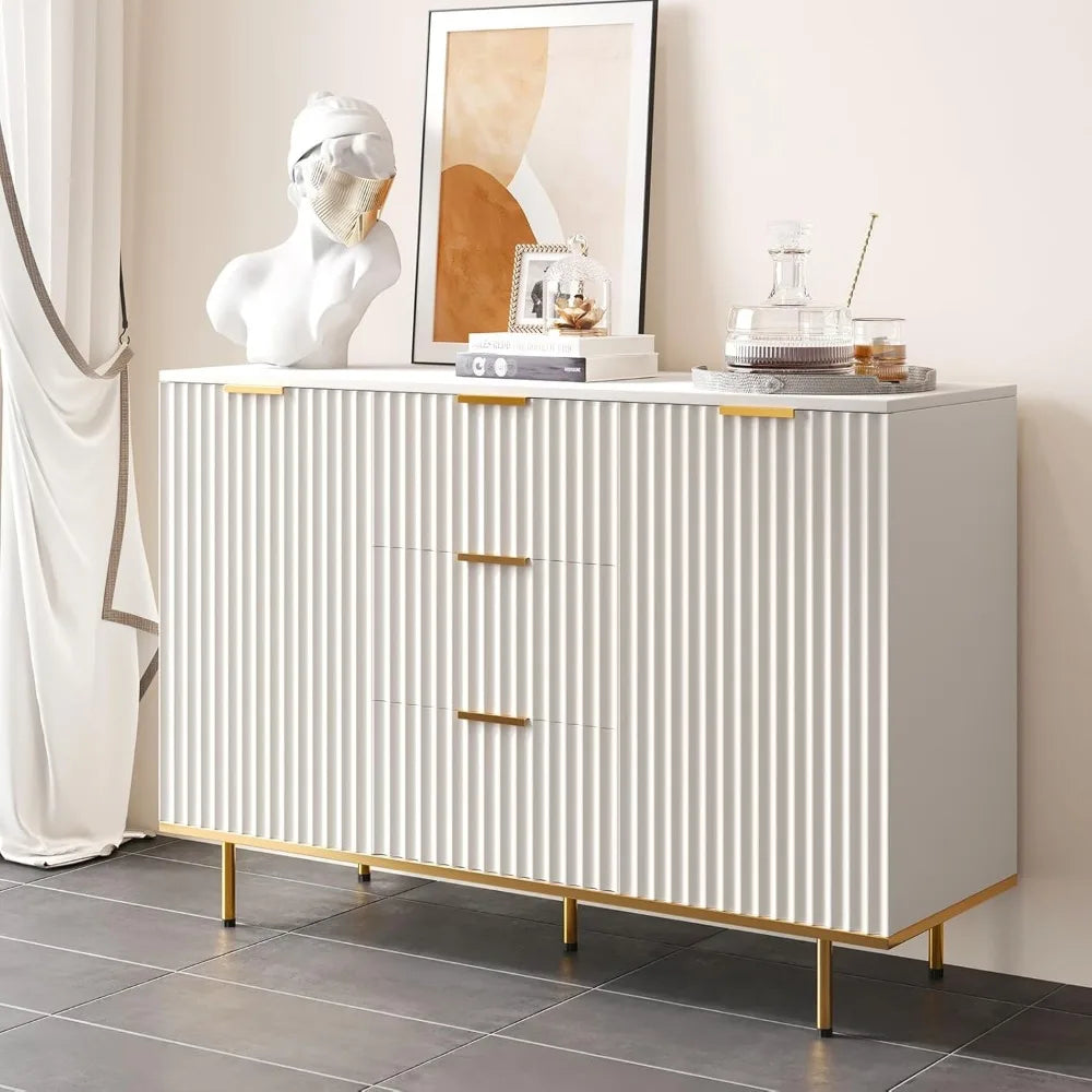 Modern Sideboard Cabinet with Fluted Doors, Gold Legs and Handle - Buffets & Sideboards for Elegant Living Spaces - 2-Door 3 Dra