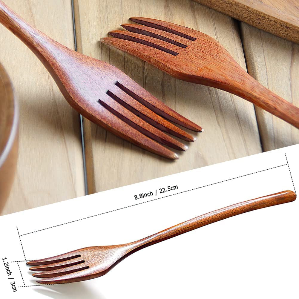 Forks,Wooden Forks, 6 Pieces Eco-Friendly Japanese Wood Salad Dinner Forks Wooden Forks Set Reusable Handmade Natural Wood Flatware Set for Cooking Stirring Eating
