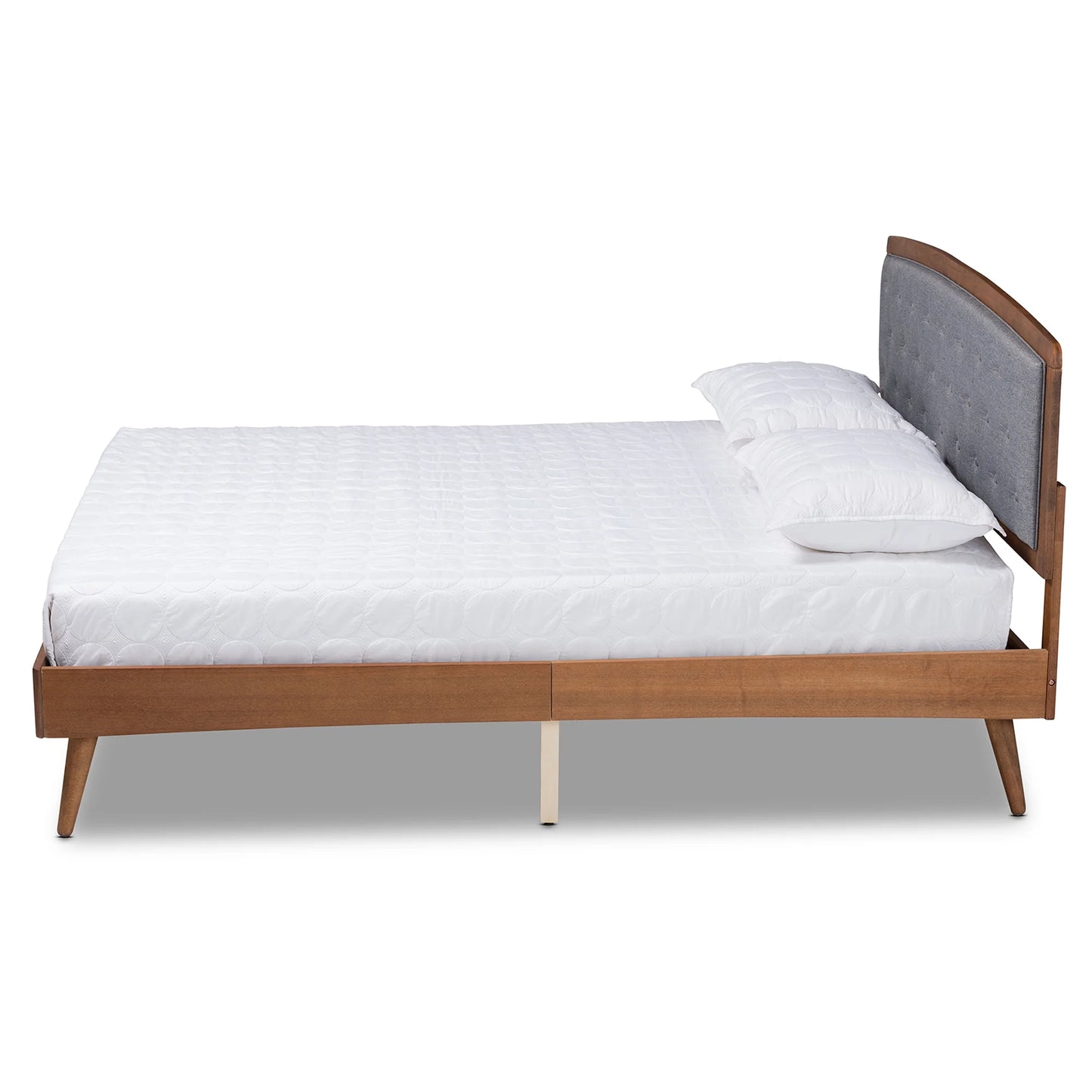 Ratana Mid-Century Modern Transitional Grey Fabric Upholstered and Walnut Brown Finished Wood, Full Size Platform Bed
