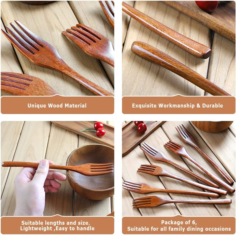 Forks,Wooden Forks, 6 Pieces Eco-Friendly Japanese Wood Salad Dinner Forks Wooden Forks Set Reusable Handmade Natural Wood Flatware Set for Cooking Stirring Eating