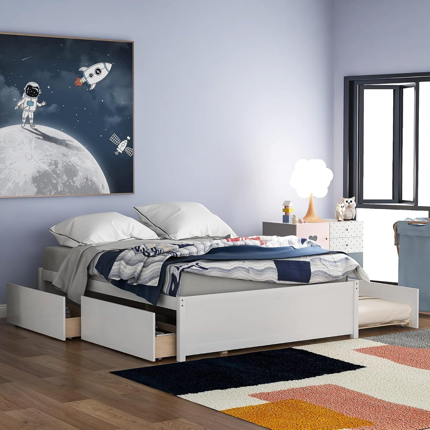 Full Bed Frame with Drawers and Trundle,Full Size Wood Platform Bed with Storage, Space Saving Full Captain Bed for Kids Teens or Adults, No Box Spring Needed,White