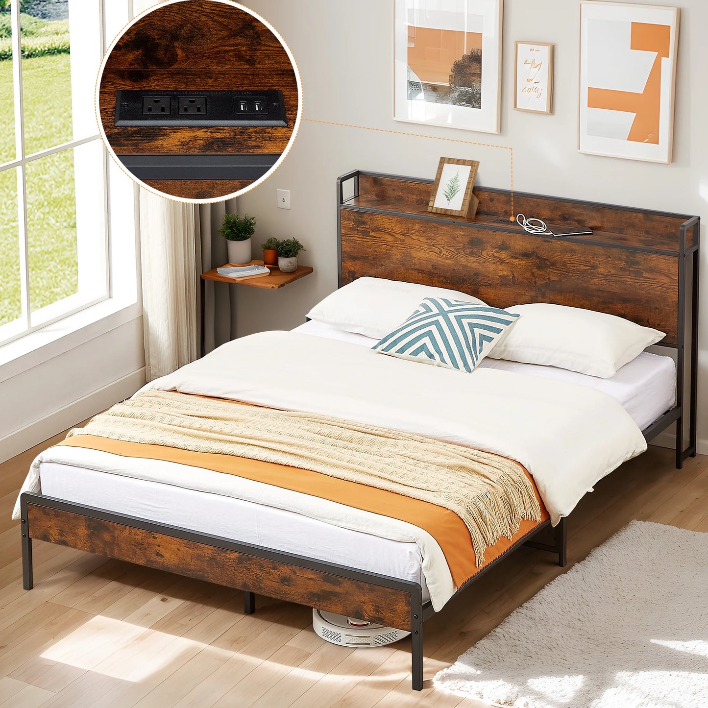 Full Size Bed Frame with Storage Headboard, Metal Bed Frame with Plug Outlets, USB, Brown