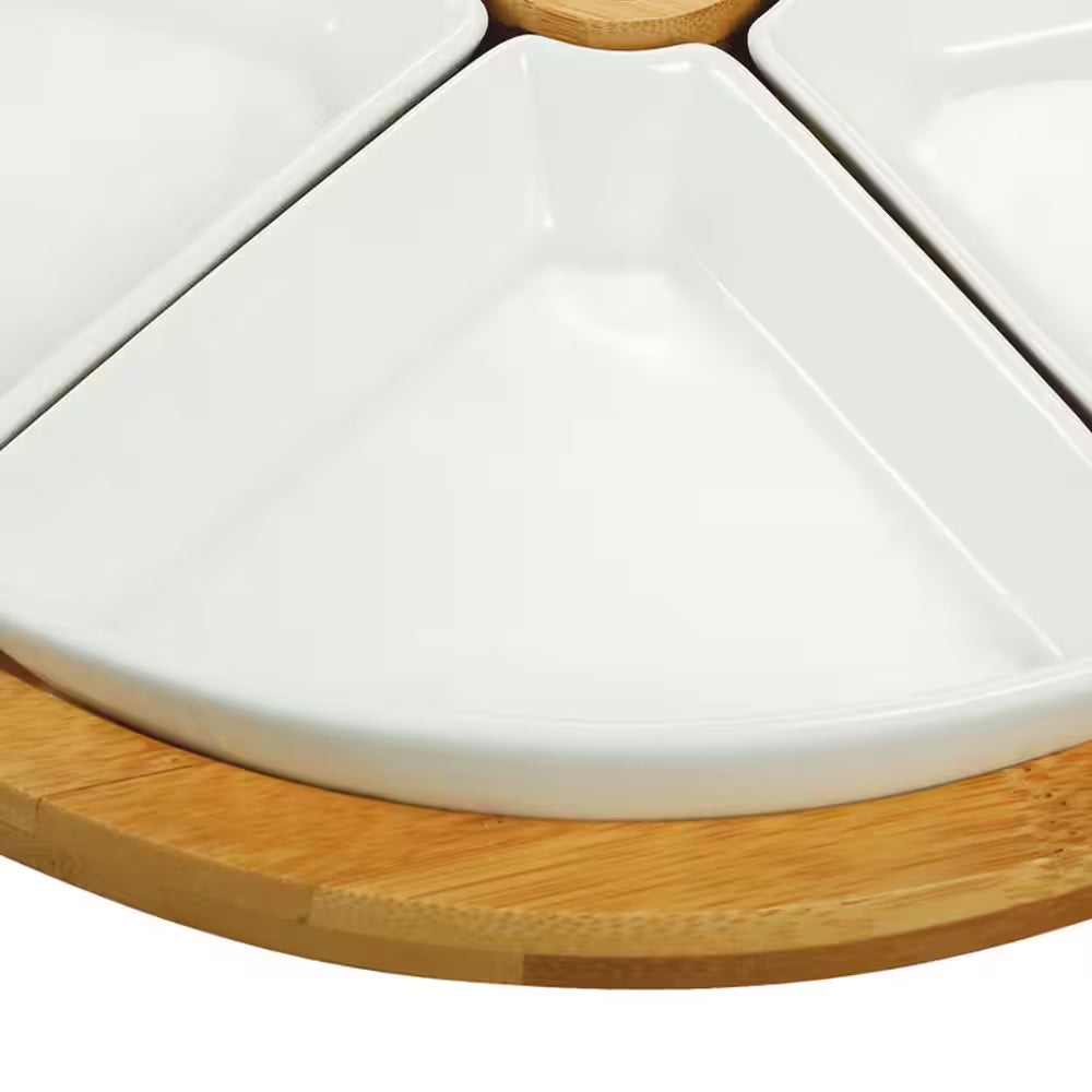 7-Piece White Appetizer Serving Set with Bamboo Tray