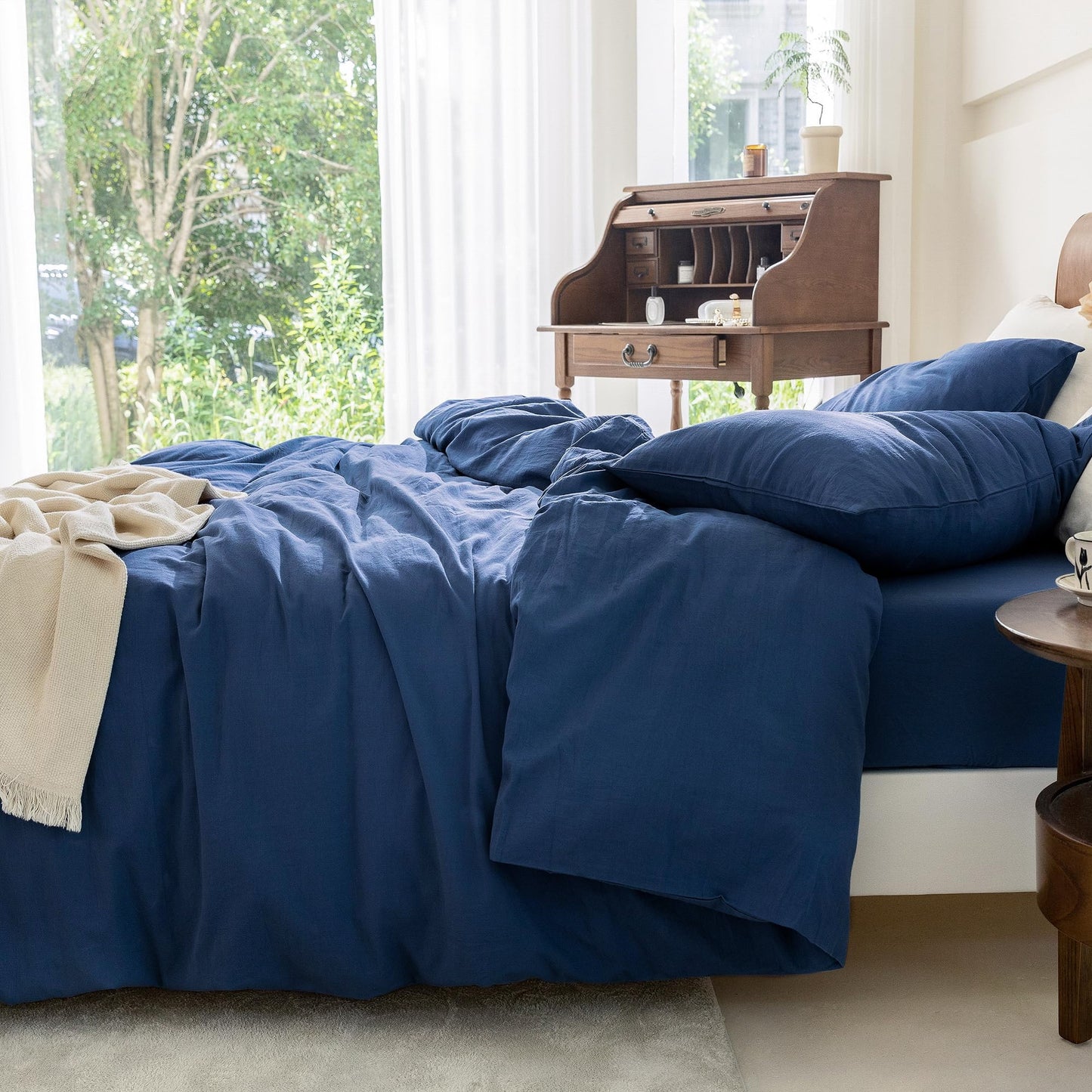 Duvet Cover Set Soft Washed Microfiber Duvet Cover 3 Pieces King Navy Blue
